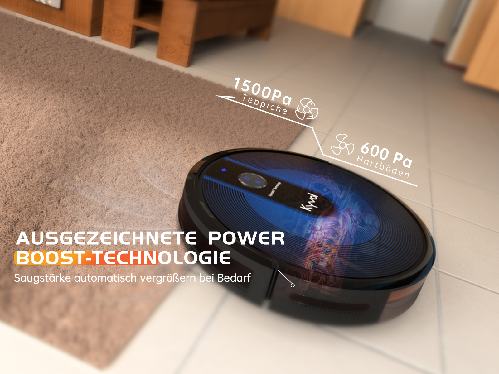 Ein schwarzer Roboter-Staubsauger auf einem Fliesenboden, mit Text.