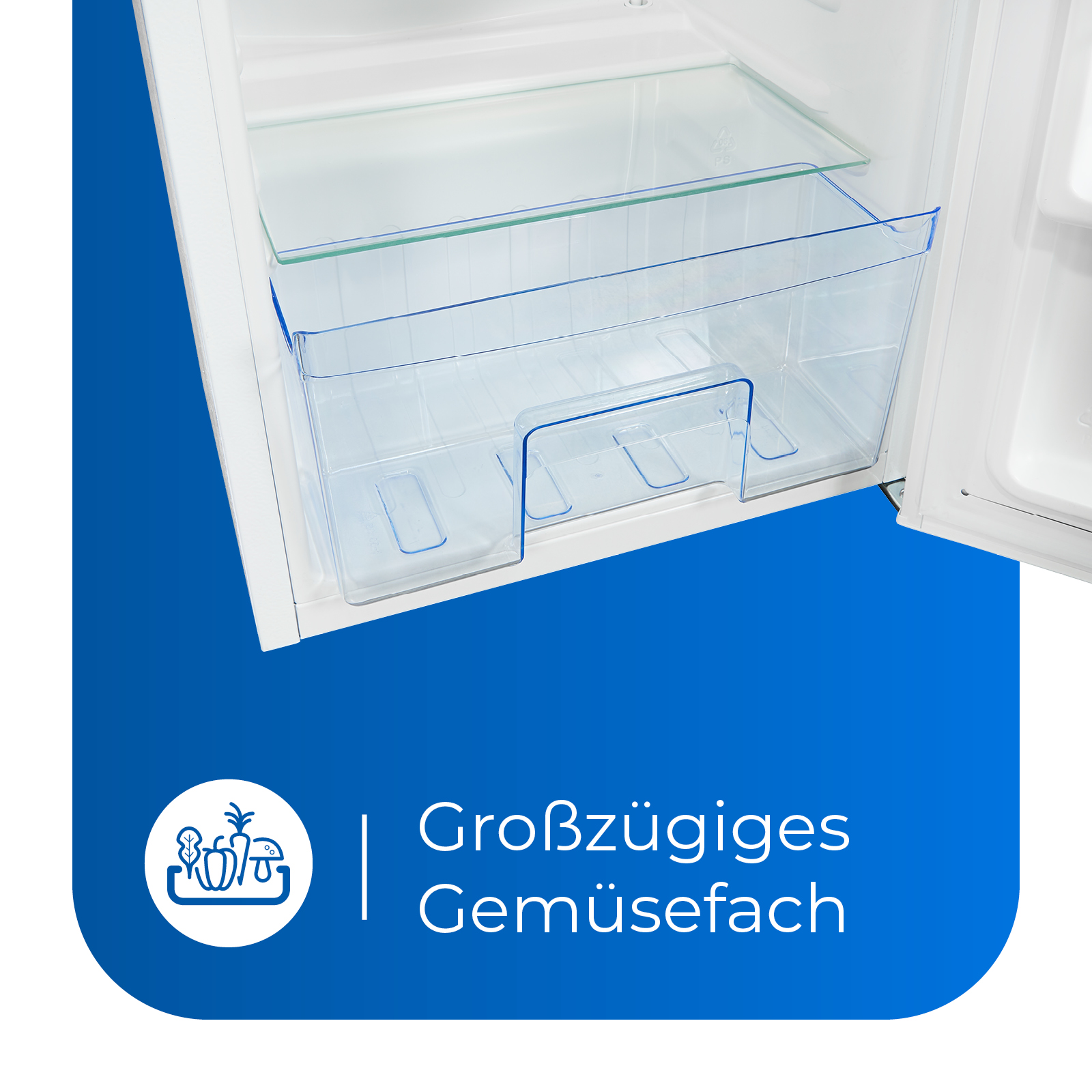 Innenraum eines weißen Kühlschranks mit blauem Gemüsefach. Text: „Großzügiges Gemüsefach“.