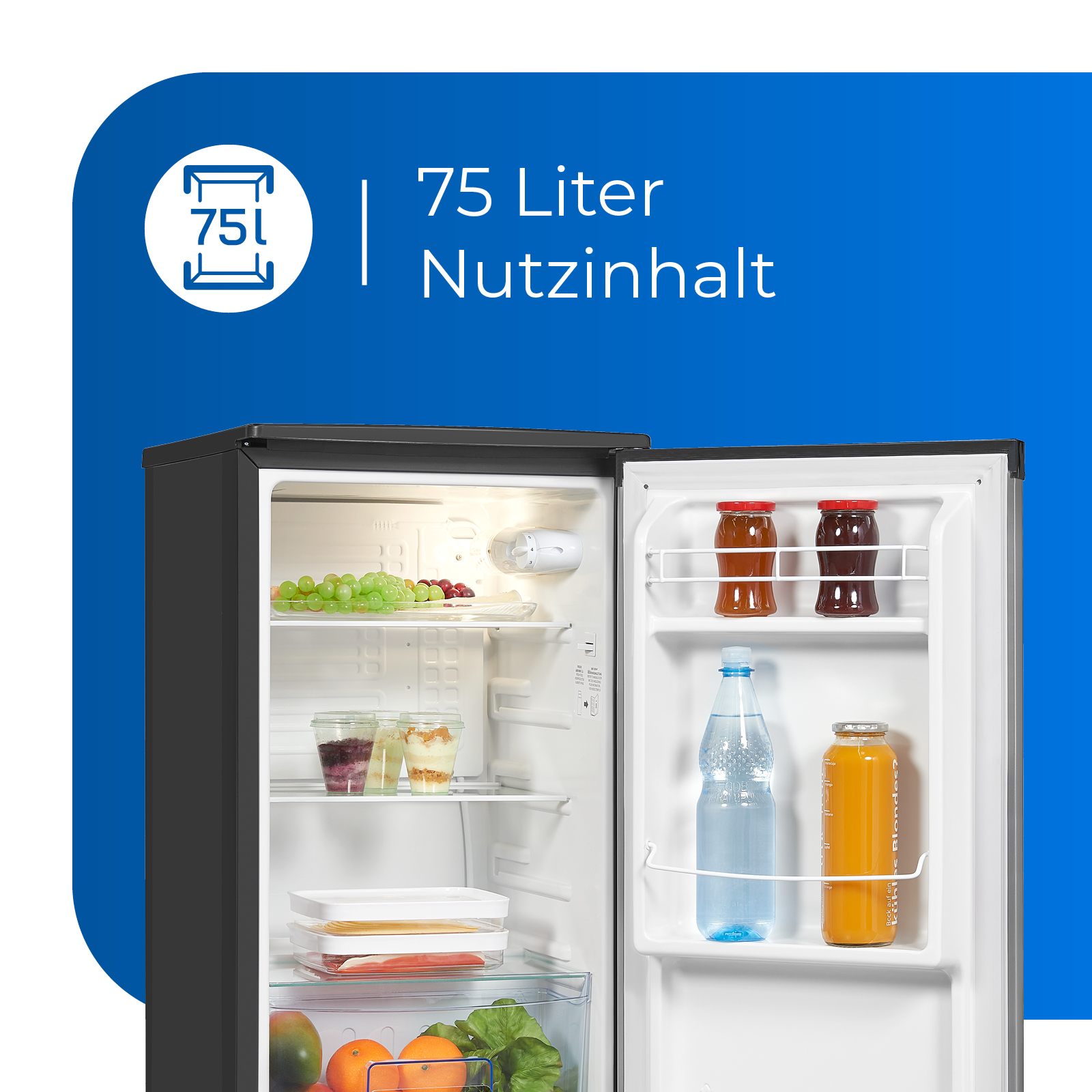 Offener schwarzer Kühlschrank mit Essen und blauer Grafik.