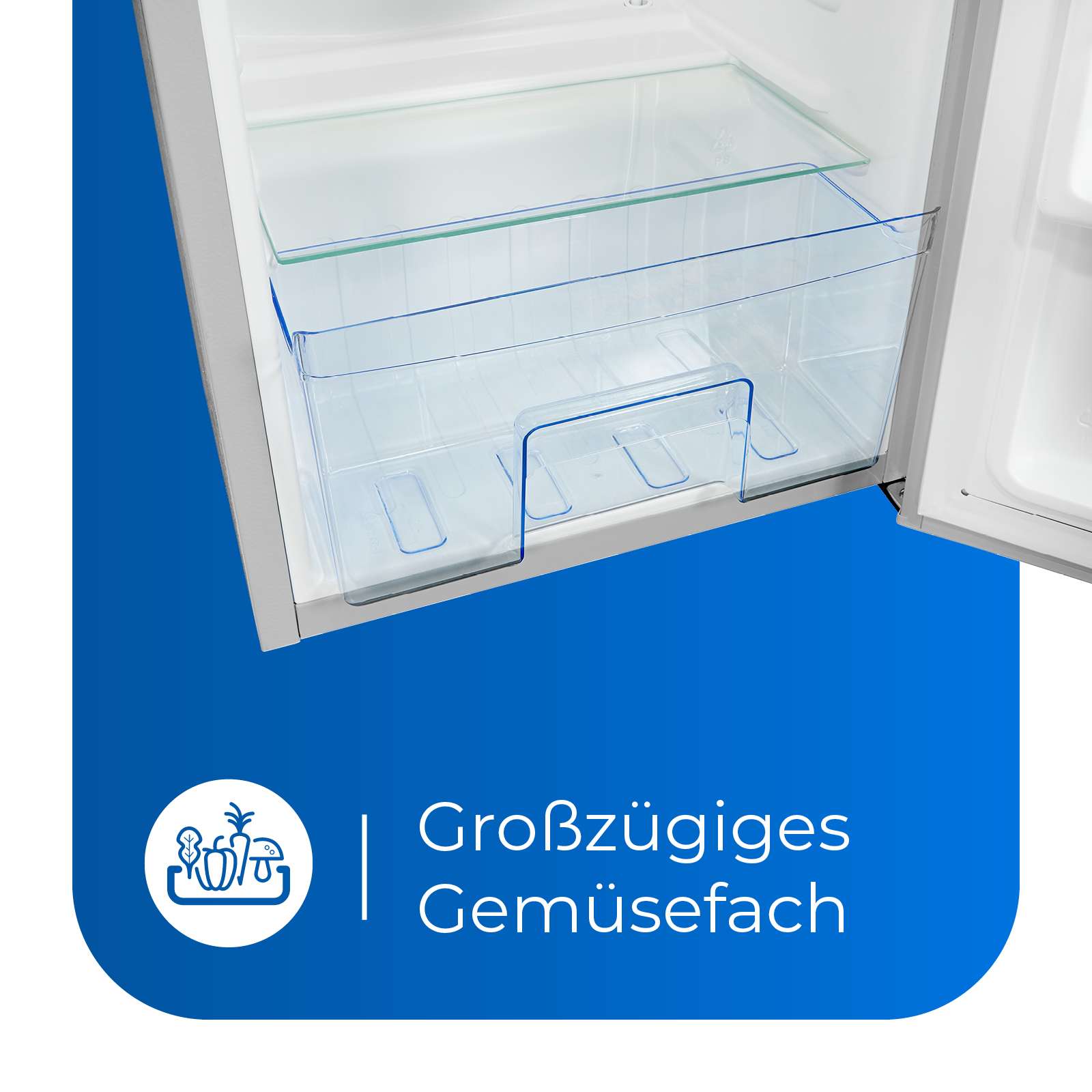 Kühlschrankinnenraum mit durchsichtigen Plastikschubladen. Blauer und weißer Hintergrund.