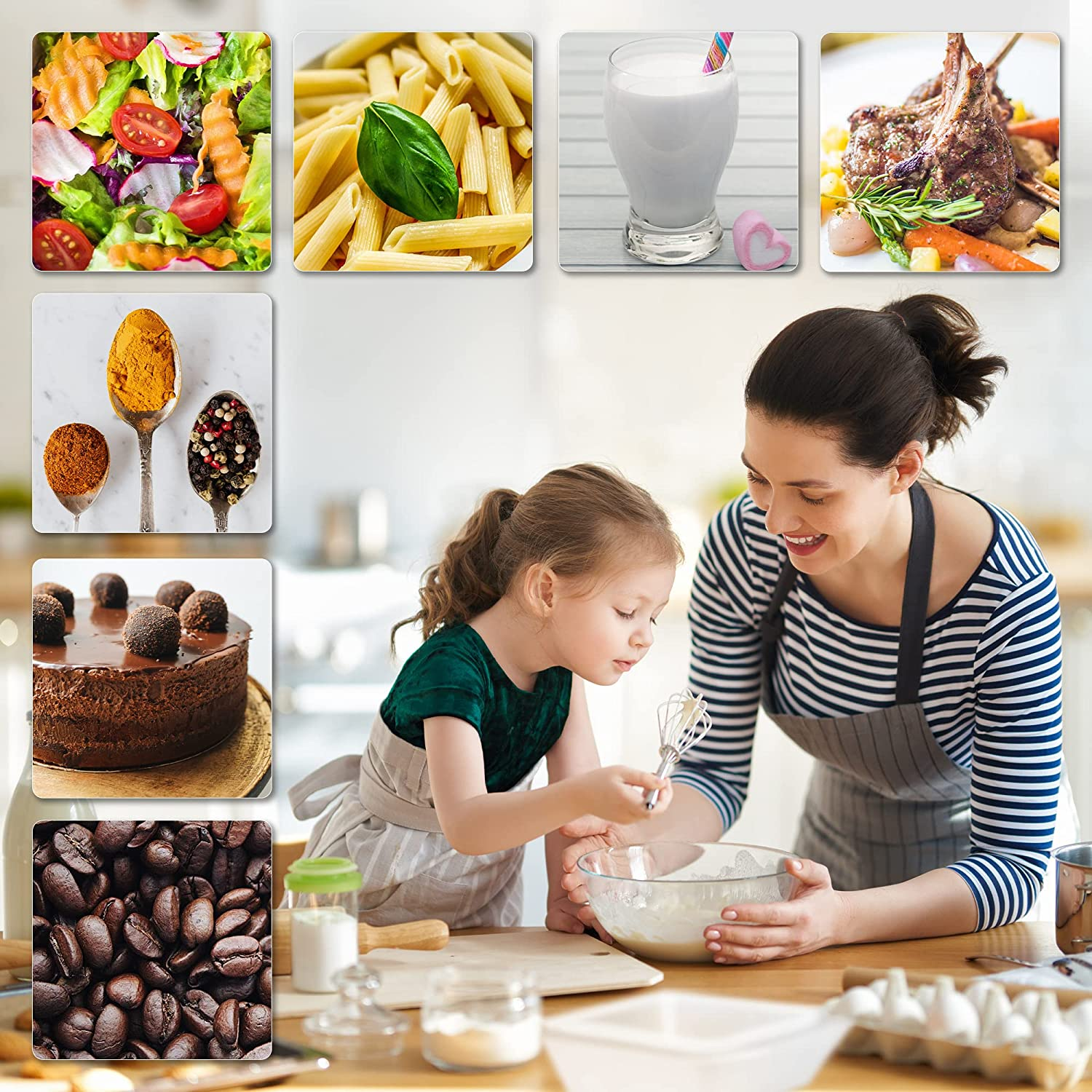 Verschiedene Lebensmittel: Salat, Pasta, Getränk, Steak, Gewürze, Kuchen, Kaffeebohnen, Mutter und Kind kochen.