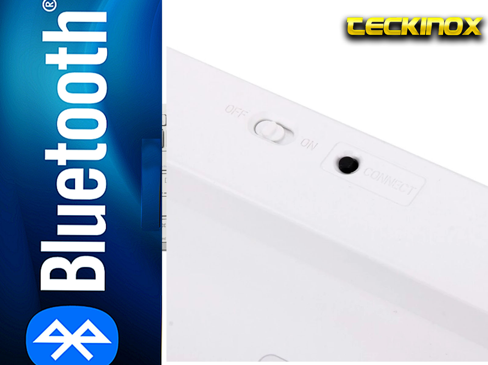 Dispositivo blanco con Bluetooth, interruptor encendido/apagado y botón conectar. Logo CECEKINX.