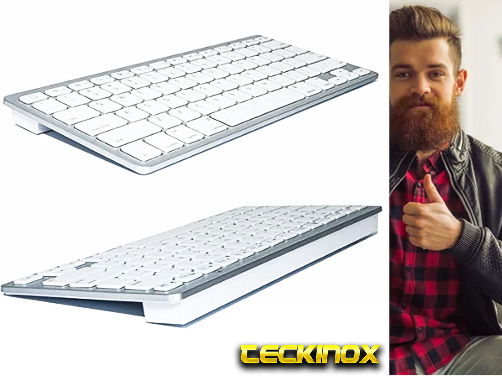 Teclado blanco y plateado junto a hombre con pulgar arriba. Teclado tiene teclas blancas.