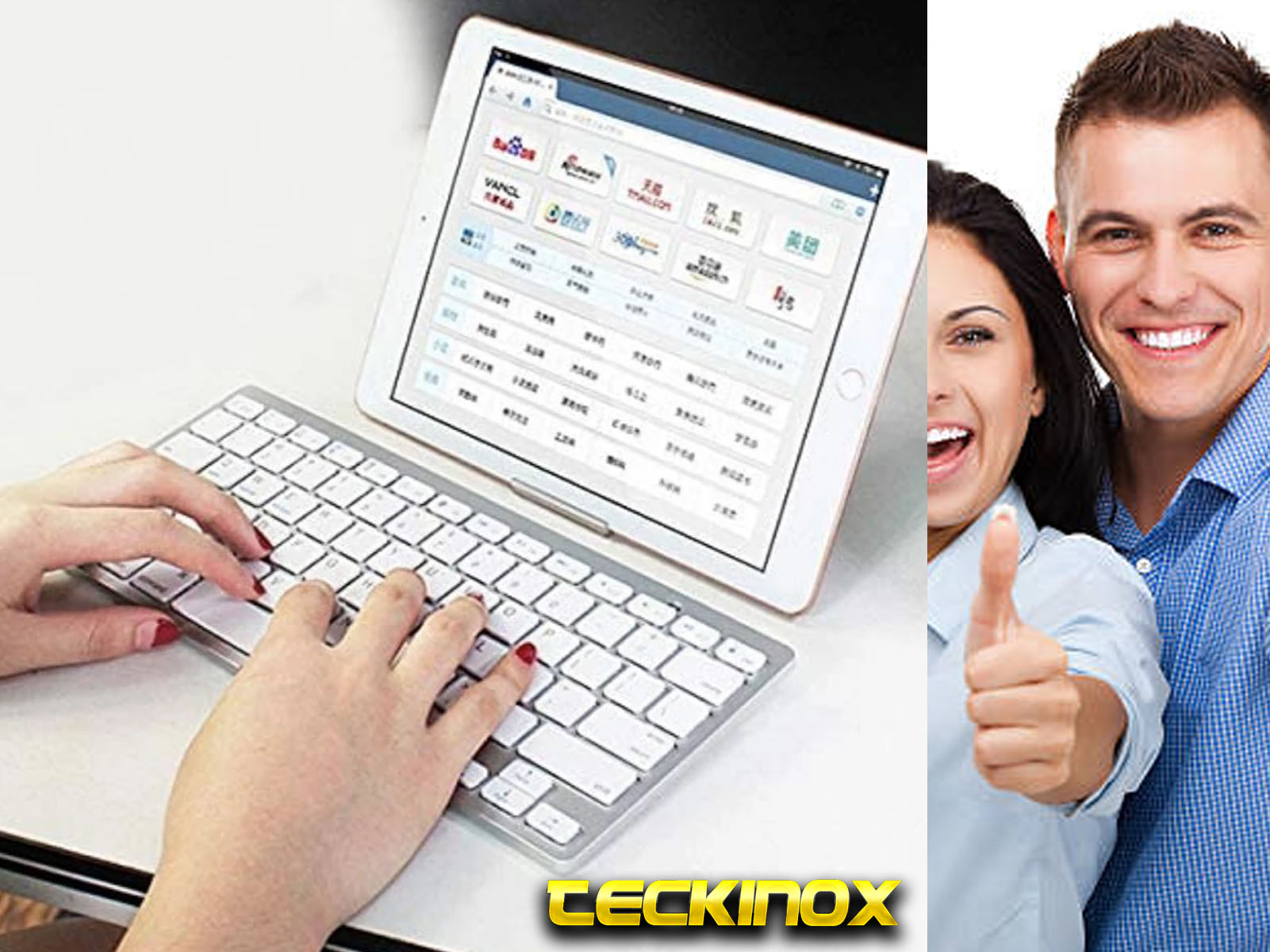 Una persona usando un teclado y una tableta que muestra un sitio web. Dos personas sonriendo en el fondo.