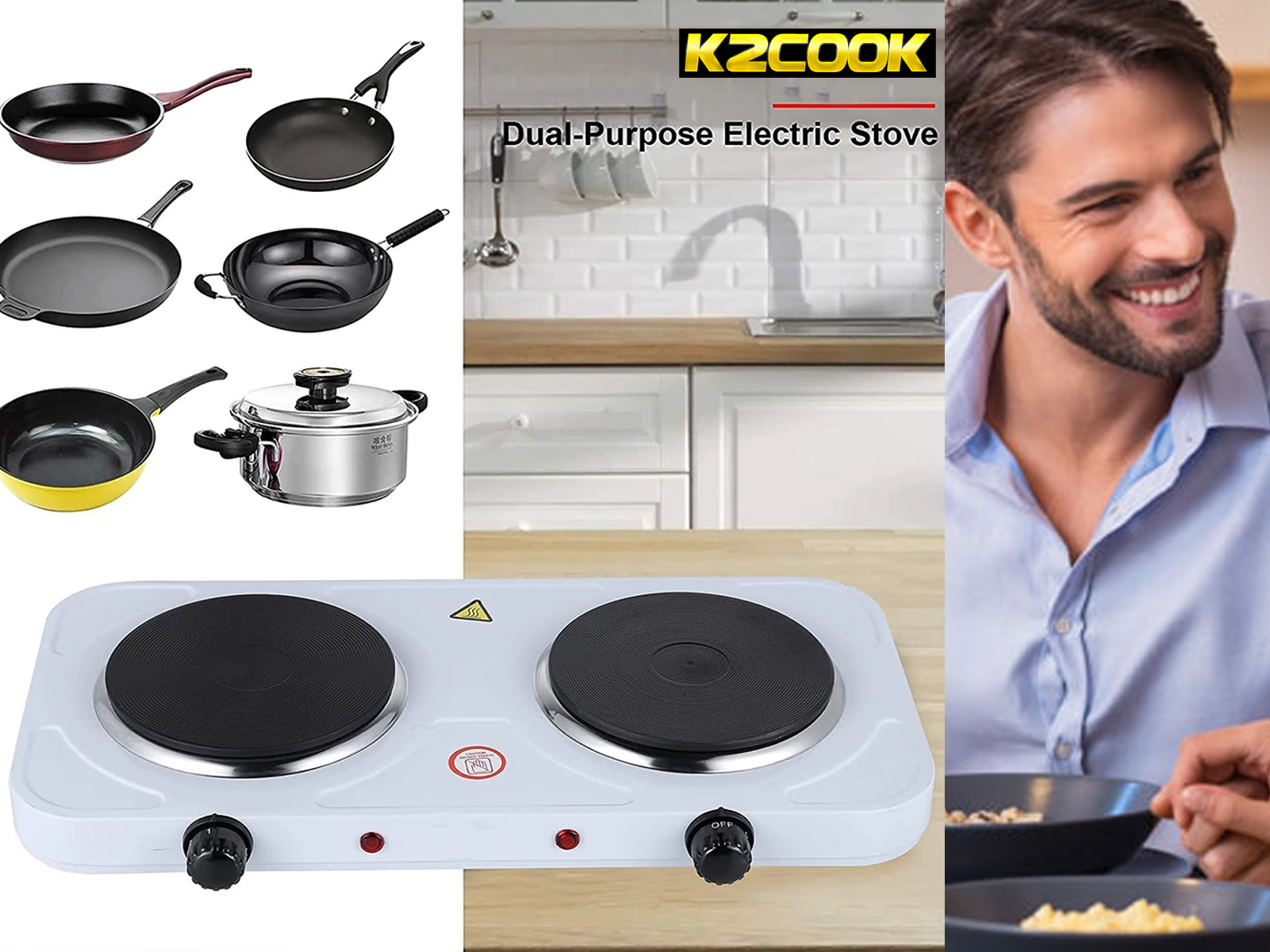 Cocina eléctrica de doble uso con sartenes y una persona. Fondo blanco.