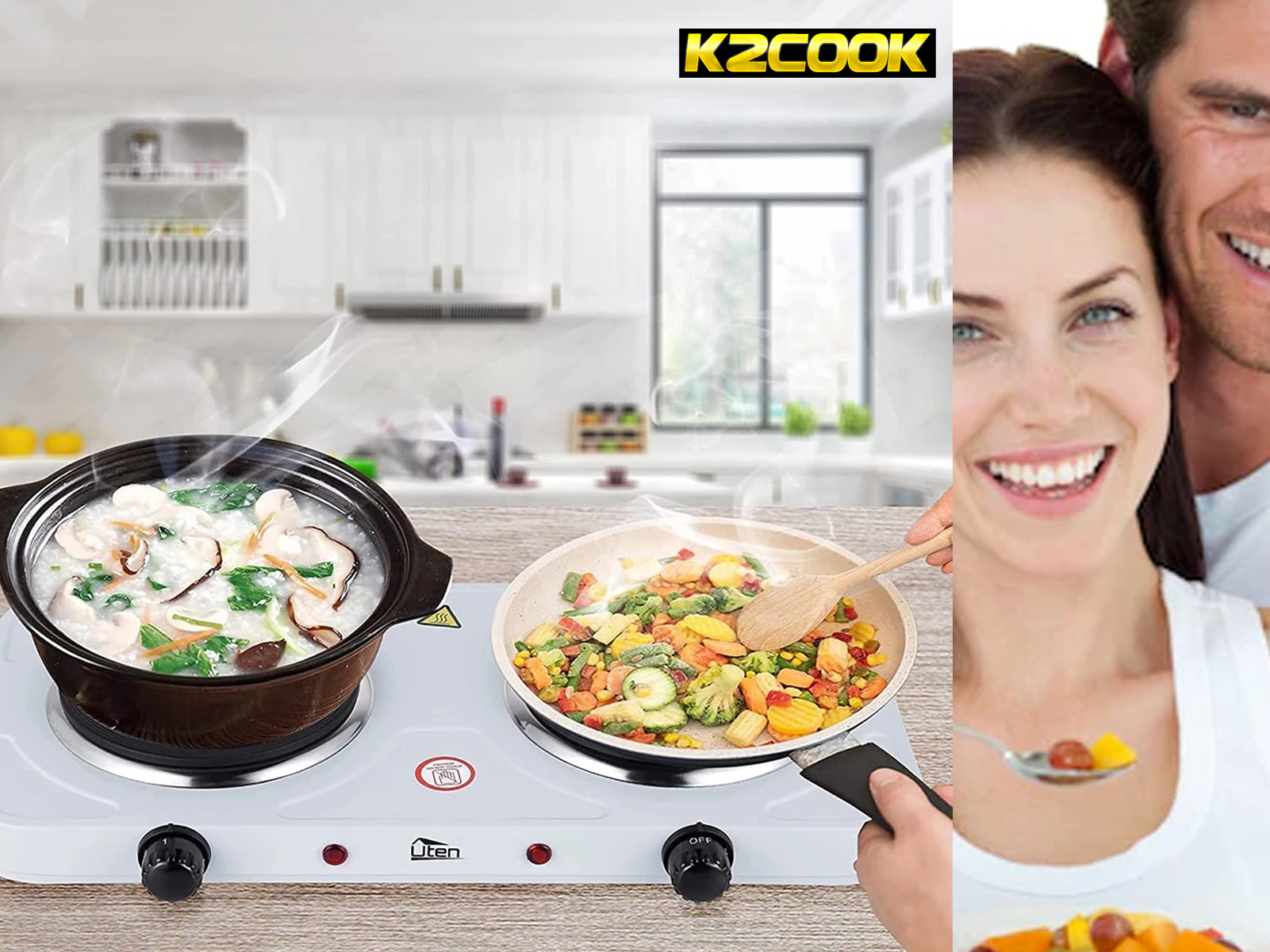 Escena de cocina con una pareja y una cocina. La mujer sonríe y una olla está cocinando.
