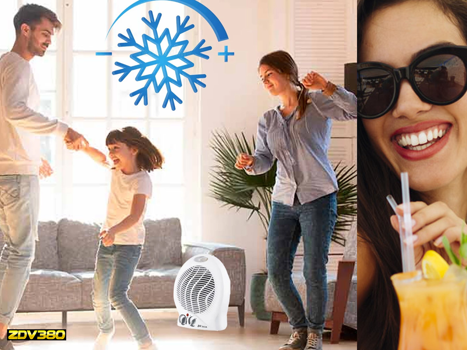 Familia bailando cerca de un calefactor blanco. Mujer con gafas de sol bebe algo.