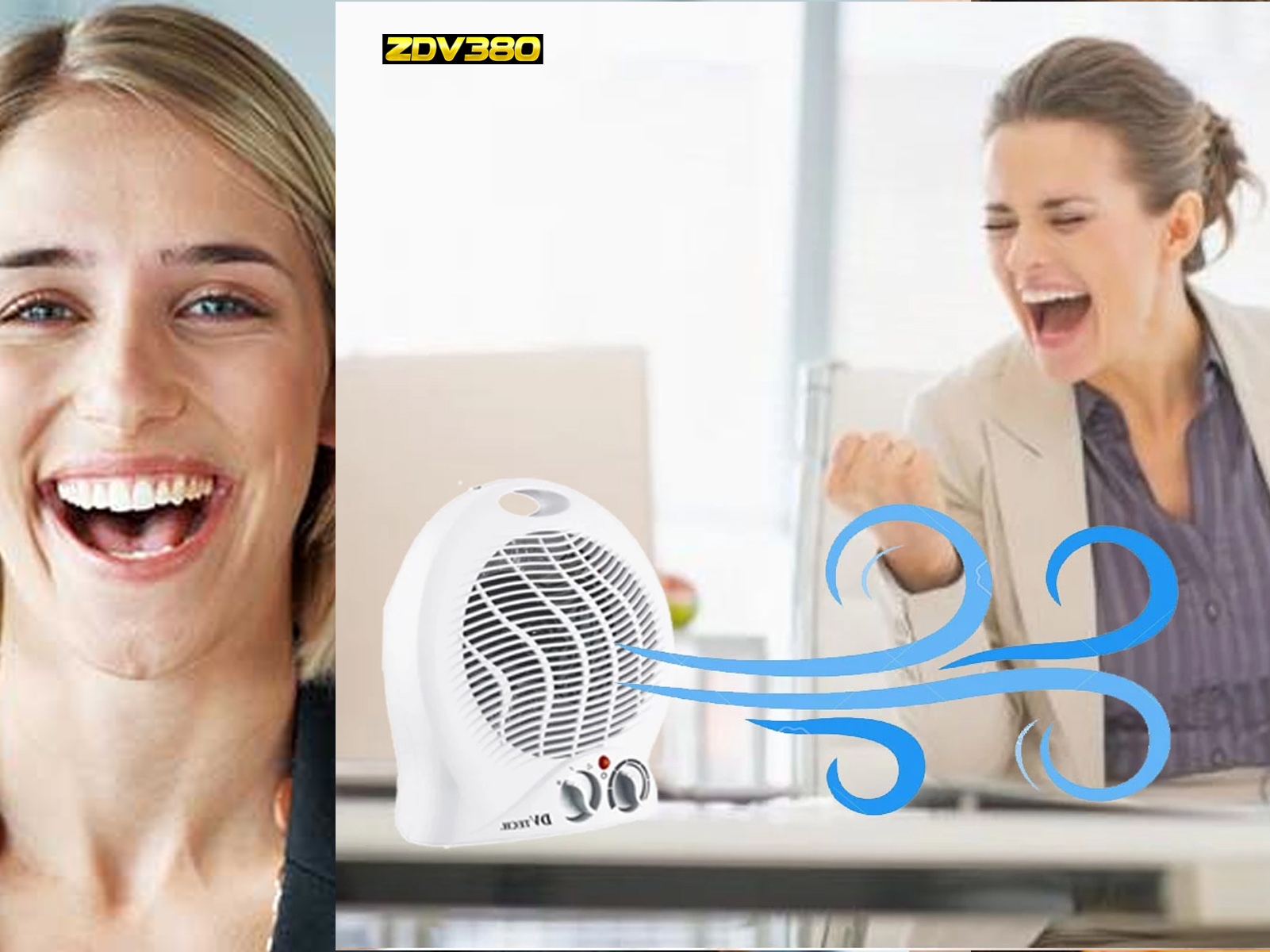 Dos mujeres, una sonriendo, otra celebrando junto a un ventilador blanco con efecto de viento.