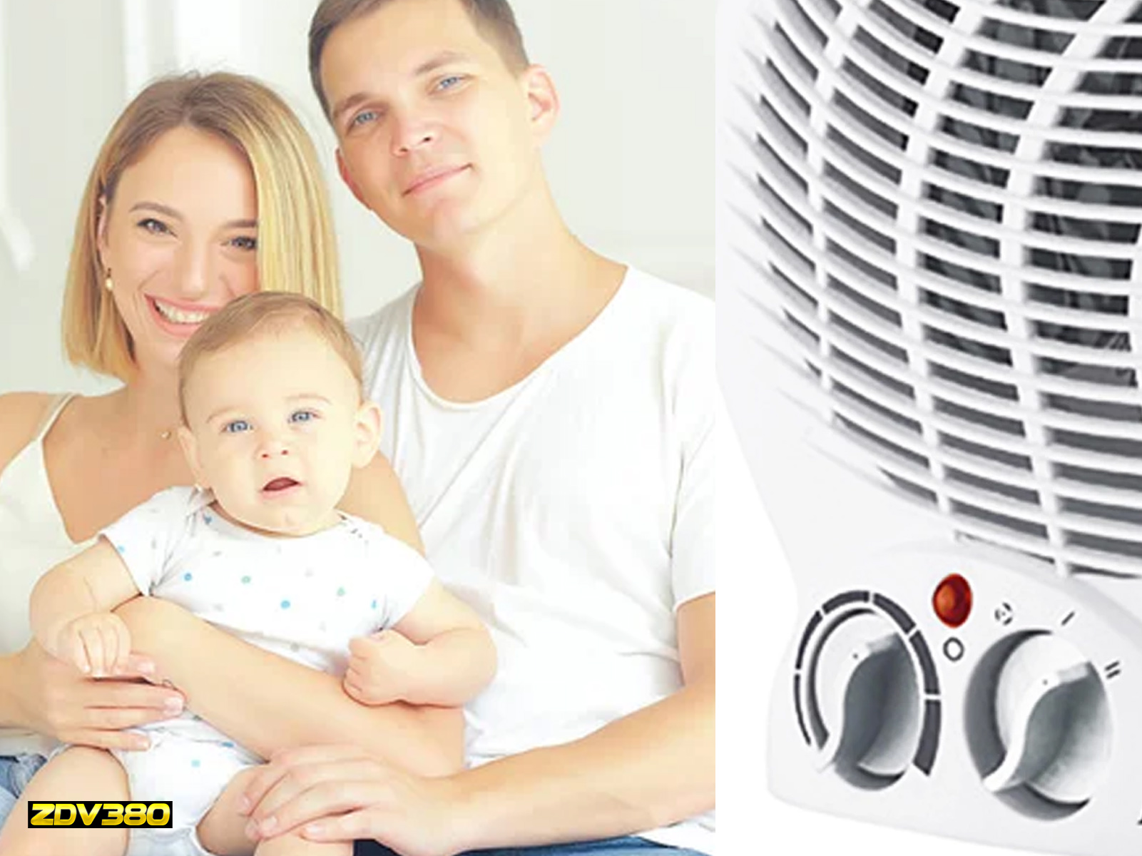 Familia con bebé y calentador blanco. Padres sonriendo. El calentador tiene diales y una luz roja.