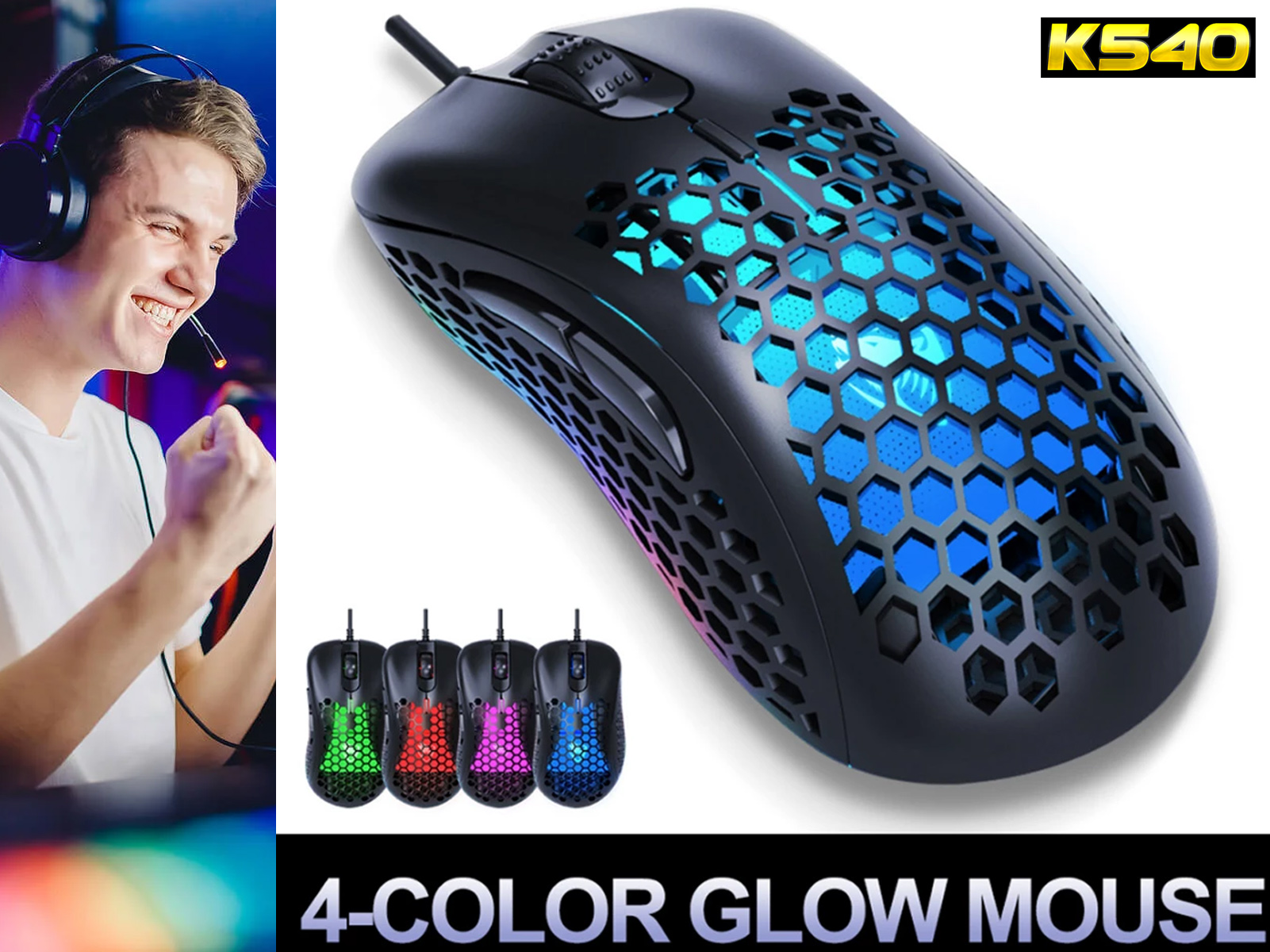Un ratón gaming con diseño de panal y brillo de 4 colores. Un gamer a la izquierda, sonriendo.
