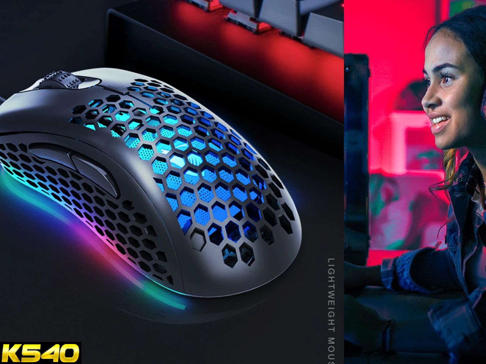Ratón gaming con diseño de panal. Luces azules y moradas. Mujer sonriendo en el fondo.