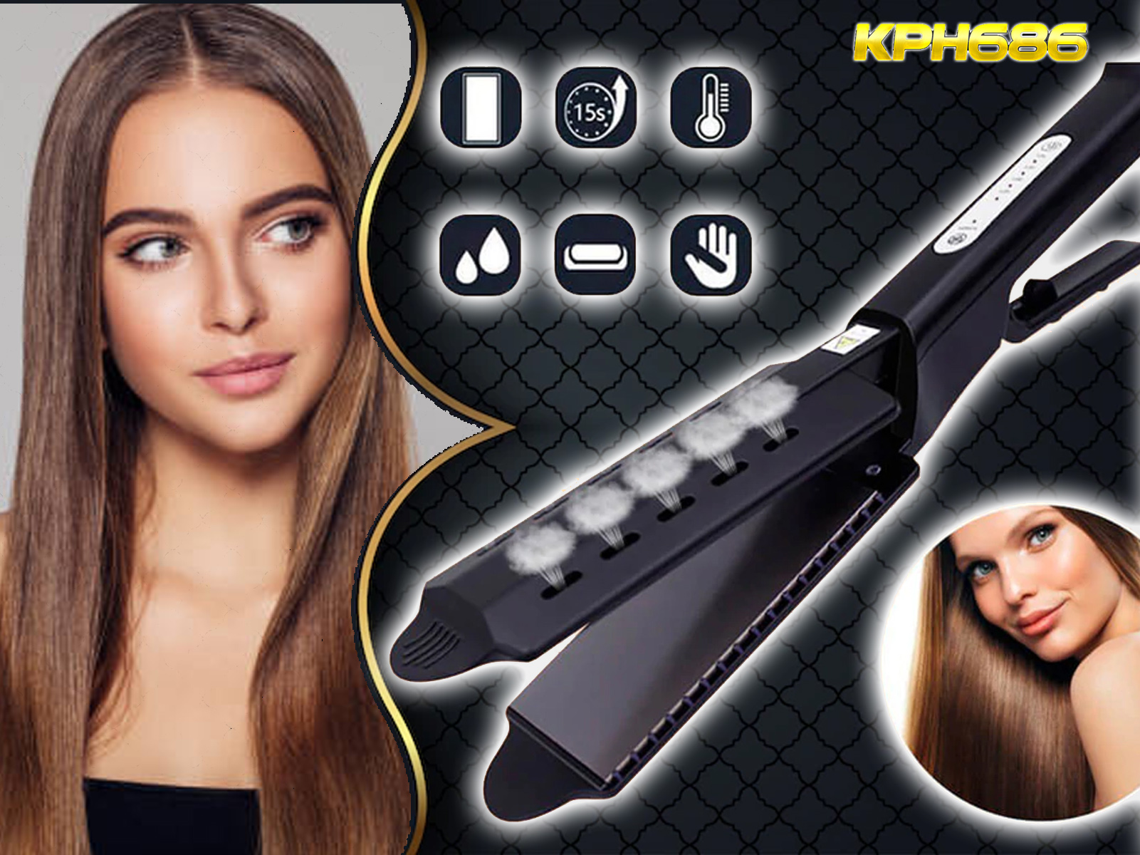 Mujer con cabello largo junto a una plancha de pelo, emitiendo vapor. Texto e iconos visibles.