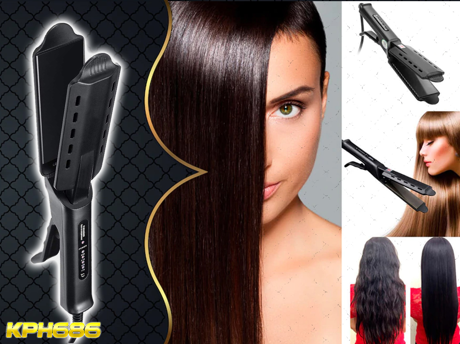 Plancha para el pelo con una mujer con pelo liso y ejemplos de diferentes estilos.