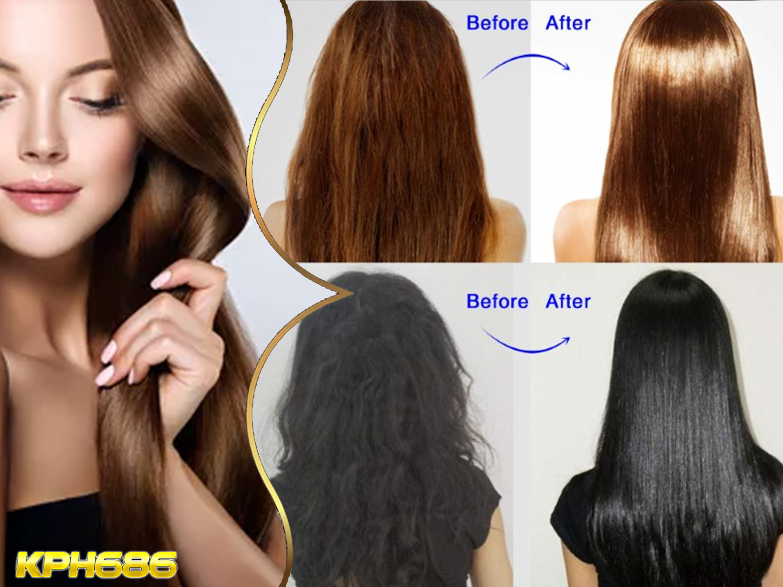 Mujer con cabello largo y castaño, imágenes de antes y después que muestran un cabello más liso y lacio.