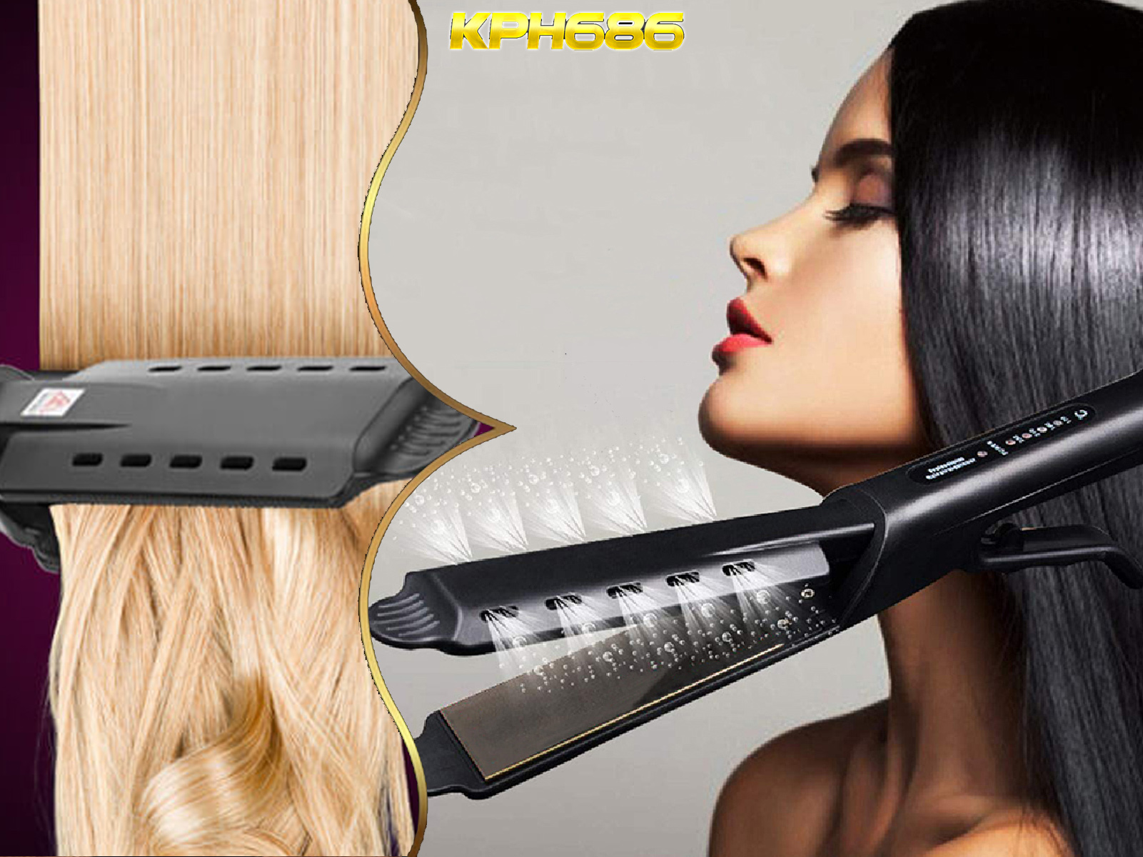 El cabello de una mujer se está alisando con una plancha negra. El cabello rubio está a la izquierda.
