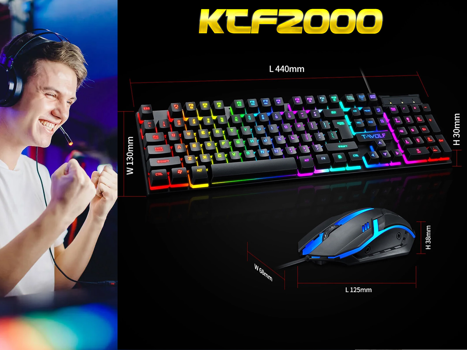 Un jugador está emocionado, usando auriculares. En la imagen hay un teclado y un ratón con luces coloridas.