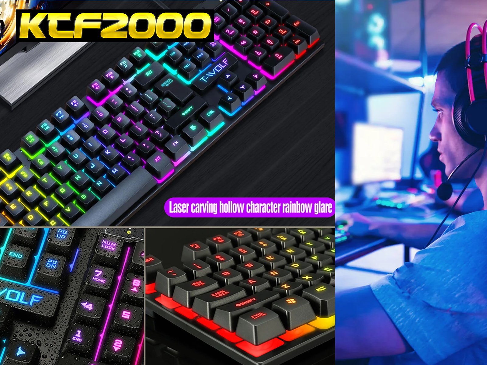 Primer plano de teclado gaming con teclas arcoíris, y un gamer jugando en PC.