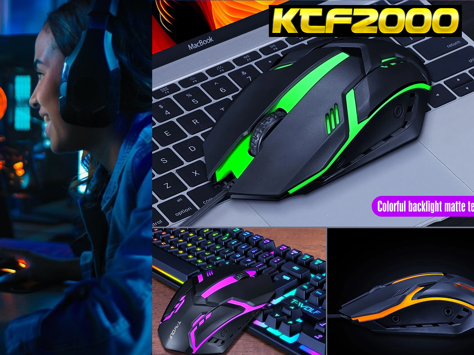 Mujer jugando, ratón y teclado gaming coloridos con KCF2000 escrito en el ratón.