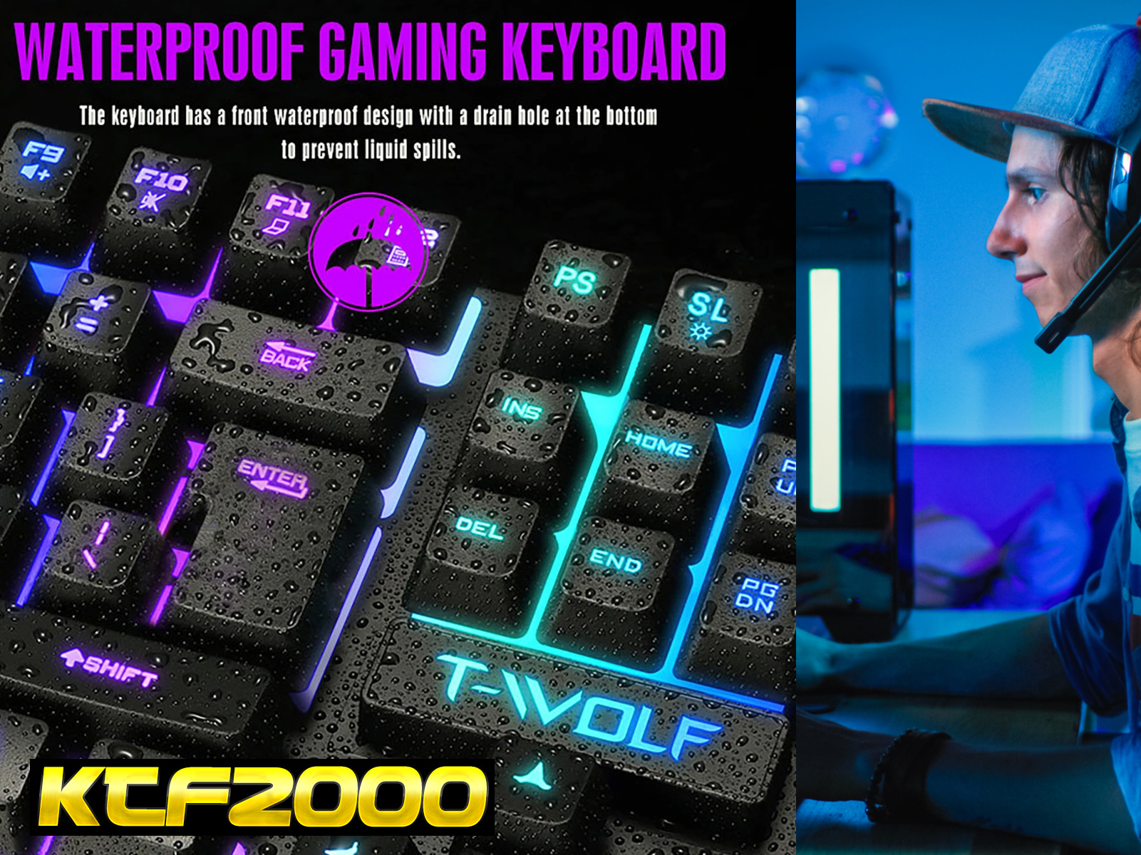 Teclado para juegos con teclas coloridas. El teclado está mojado. Una persona lleva auriculares a la derecha.