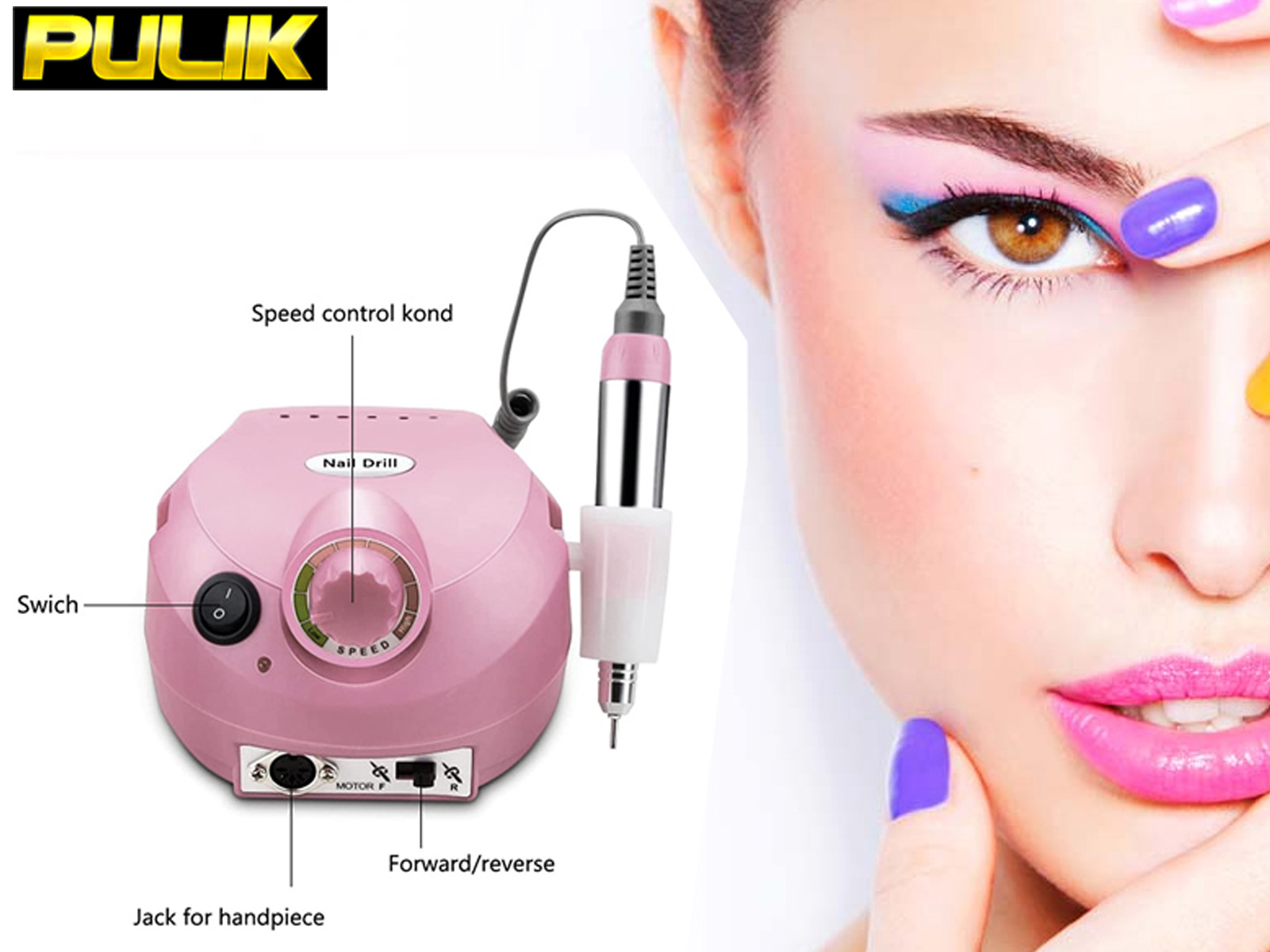 Una máquina de taladro de uñas rosa con una artista de uñas y un logo 'PULIK' en la imagen.