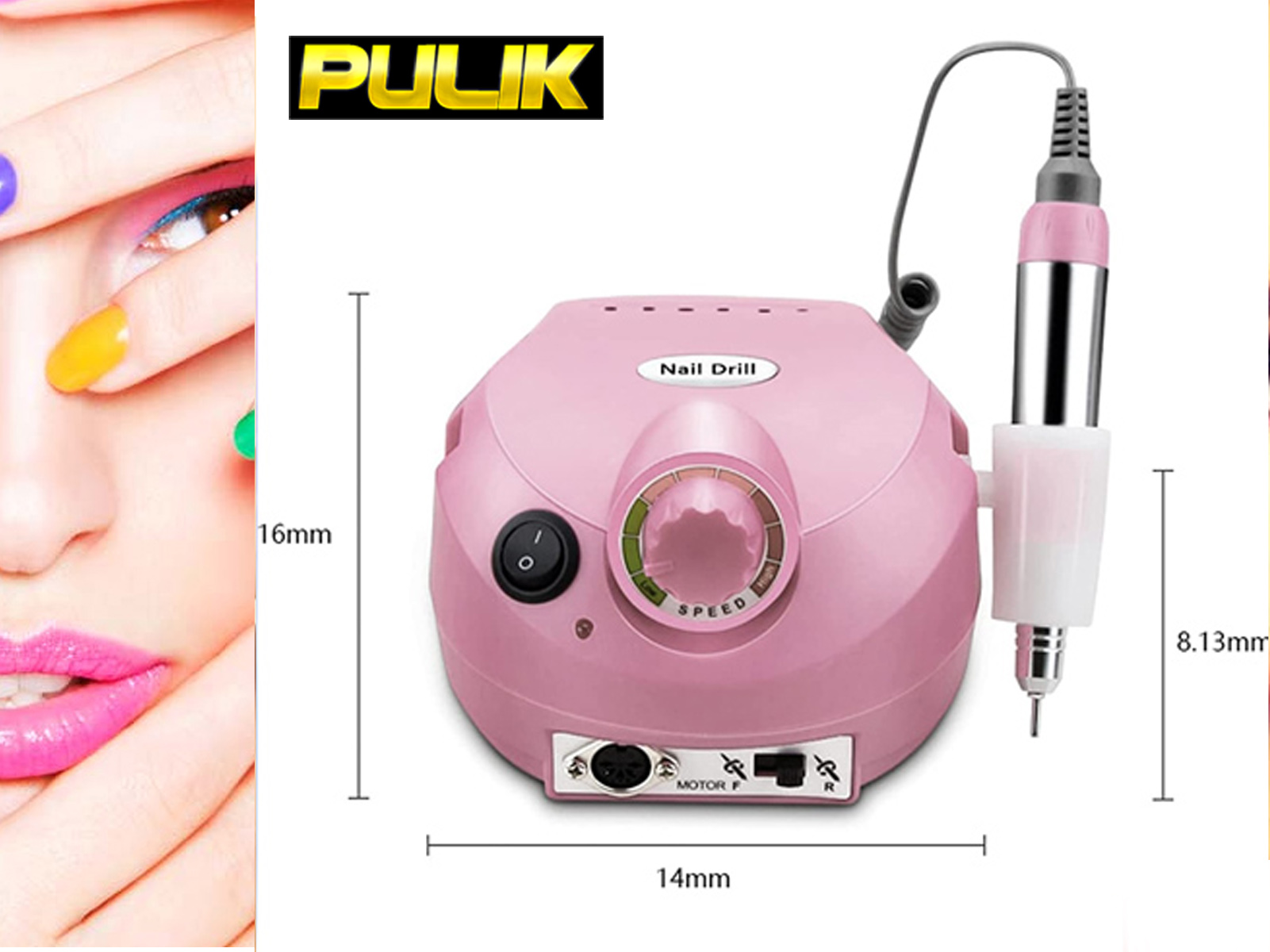 Máquina de taladro de uñas rosa con control de velocidad. Mujer con uñas coloridas.