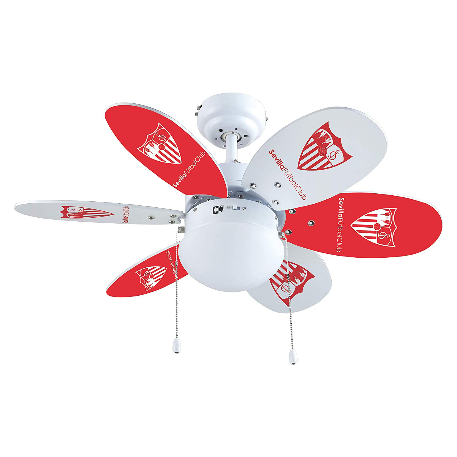 Ventilatore da soffitto bianco con cinque pale, ciascuna con logo rosso e bianco del Sevilla FC, isolato su bianco.