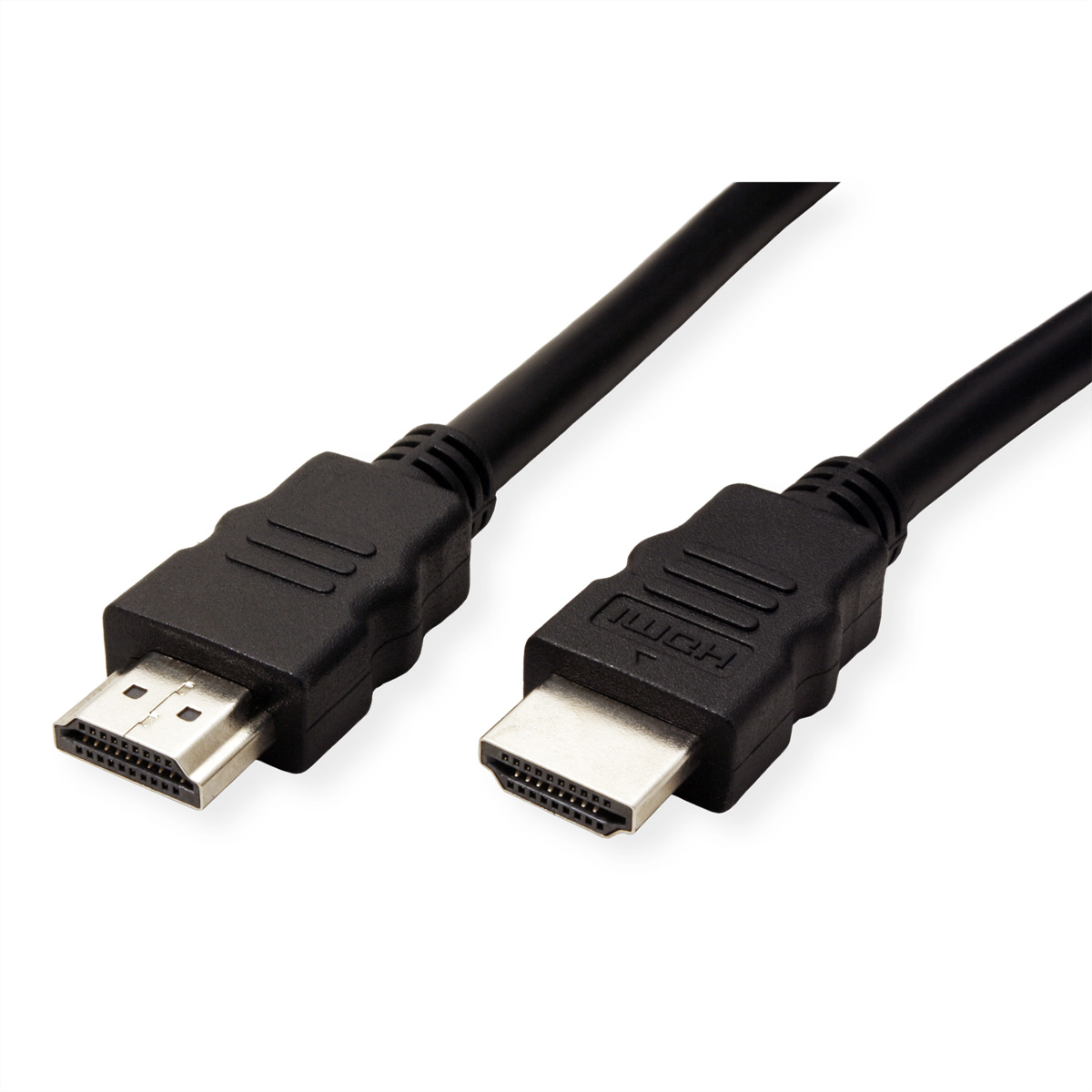 Zwei schwarze HDMI-Kabel auf weißem Hintergrund. Die Anschlüsse sind sichtbar.