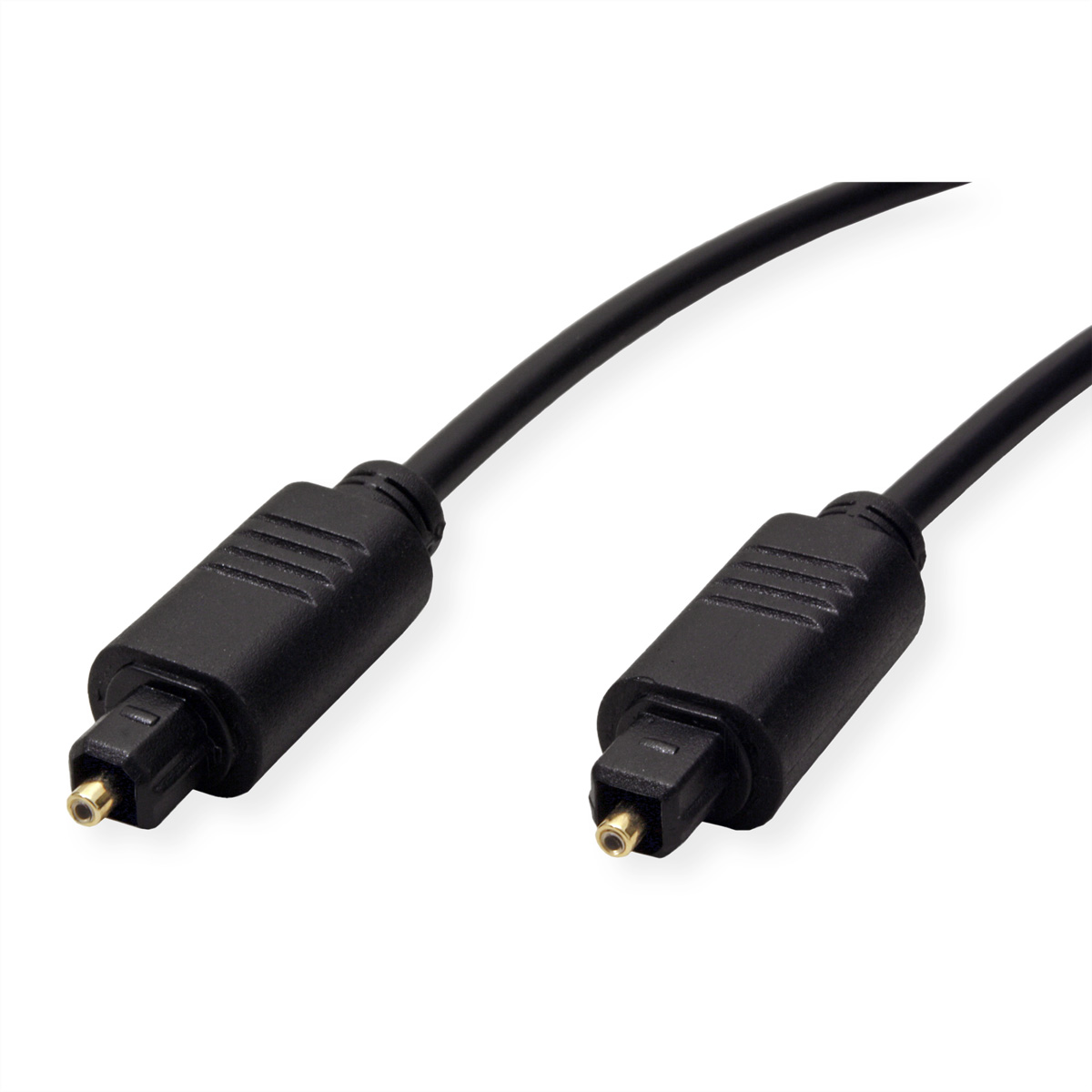 Câble audio optique noir avec connecteurs noirs. Fond blanc.