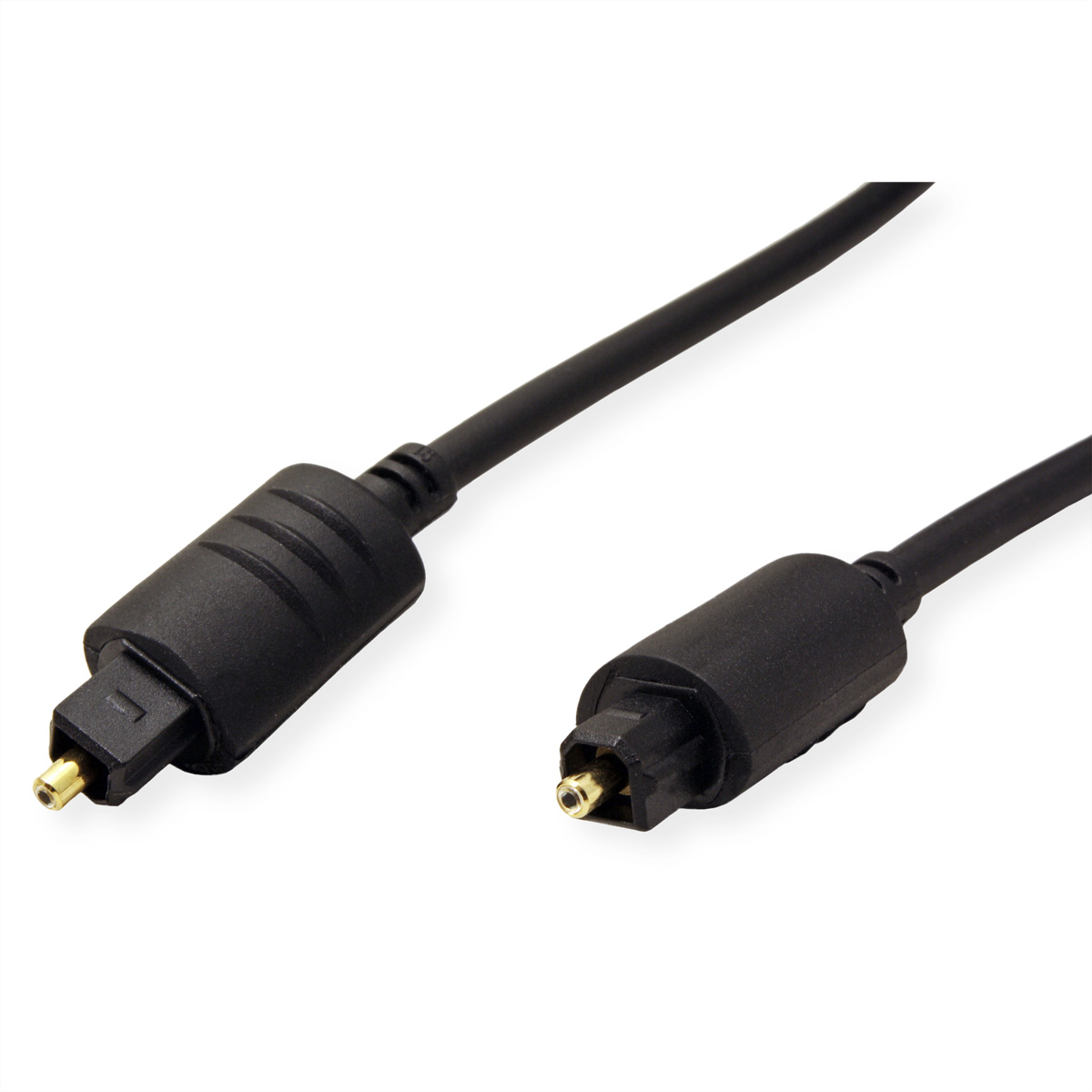 Câble audio optique noir avec connecteurs aux deux extrémités, sur fond blanc.