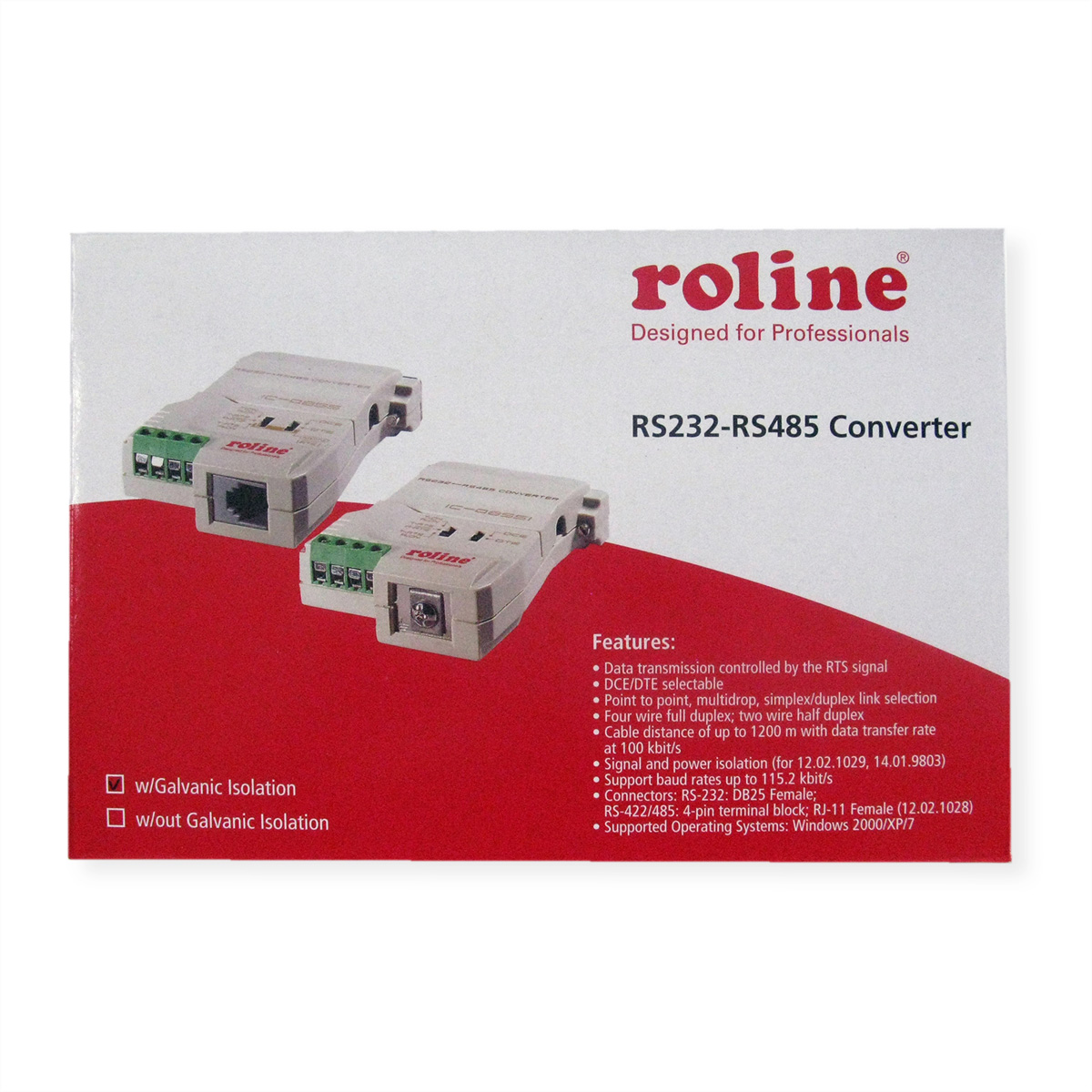 Weißer Roline RS232-RS485 Konverter auf rotem und weißem Hintergrund.
