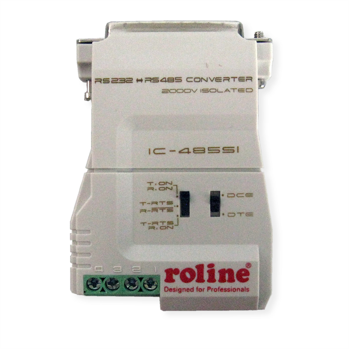 RS232-zu-RS485-Konverter mit Anschlüssen und Roline-Logo. Es ist ein weißes elektronisches Gerät.