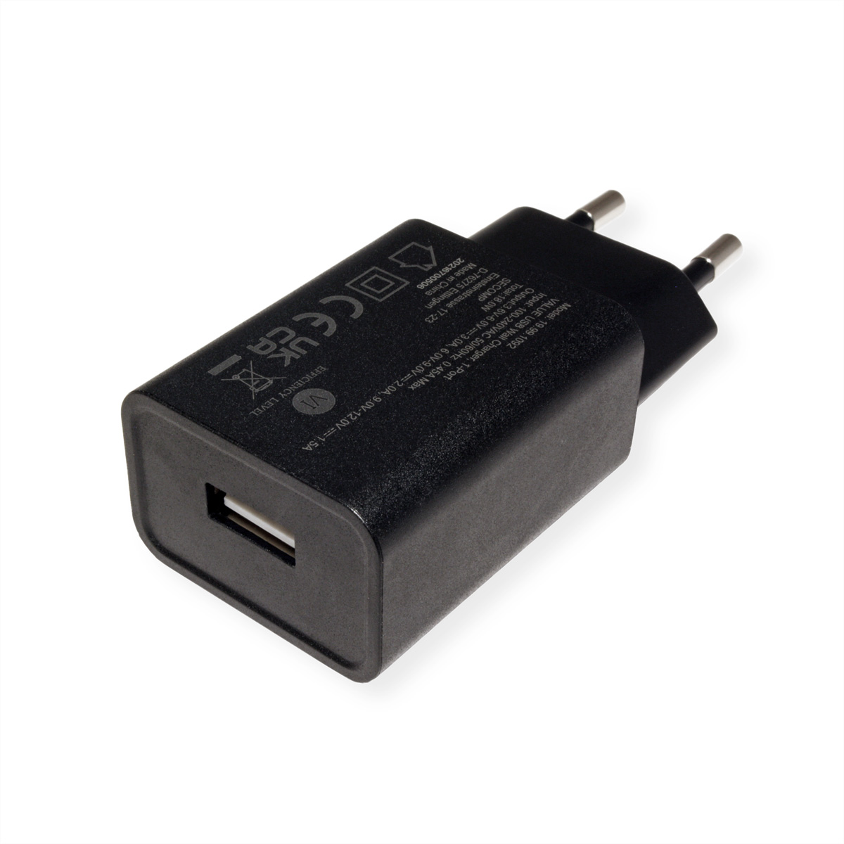 Zwarte USB-oplader adapter met een USB-poort en twee pinnen, op een witte achtergrond.