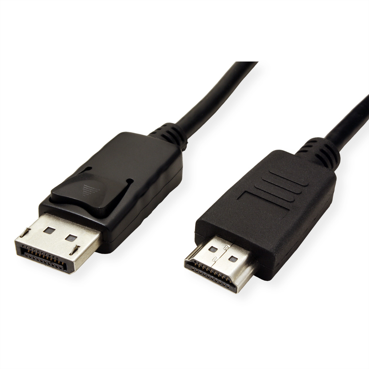 Twee zwarte DisplayPort naar HDMI kabels, met verschillende connectoreinden op een witte achtergrond.