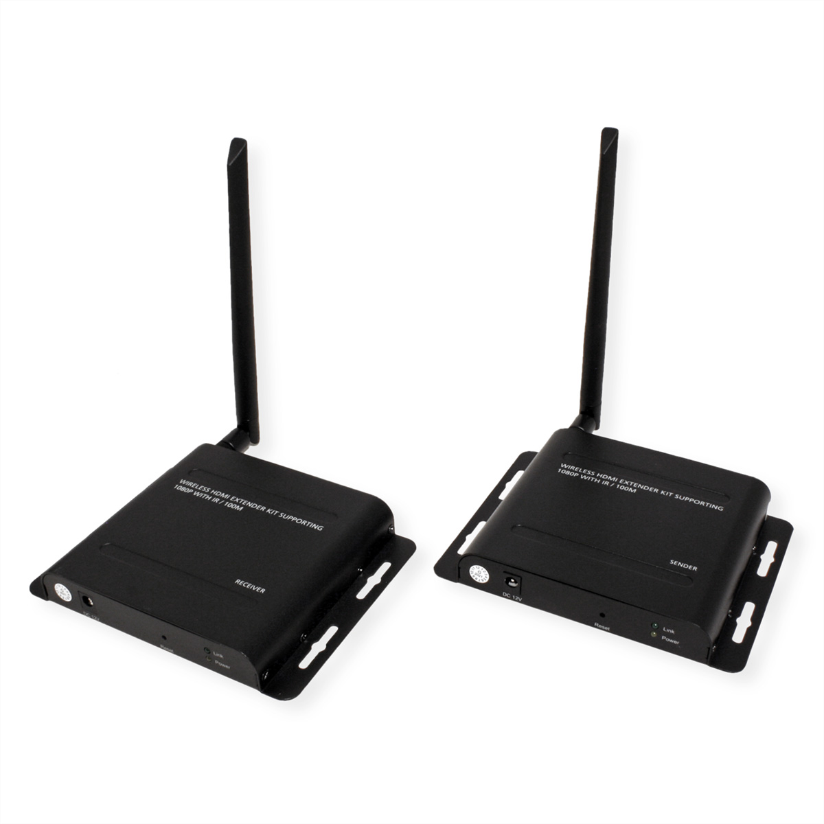 Dwa czarne bezprzewodowe extendery z antenami. Jeden czyta 'Receiver', drugi 'Sender'.