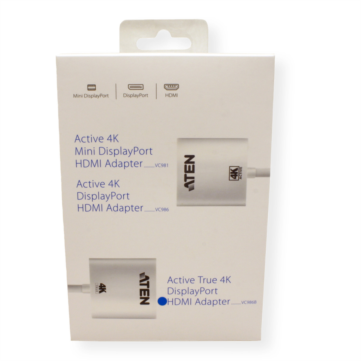 Białe pudełko produktu z aktywnym adapterem HDMI mini DisplayPort 4K. Pokazuje logo i tekst.