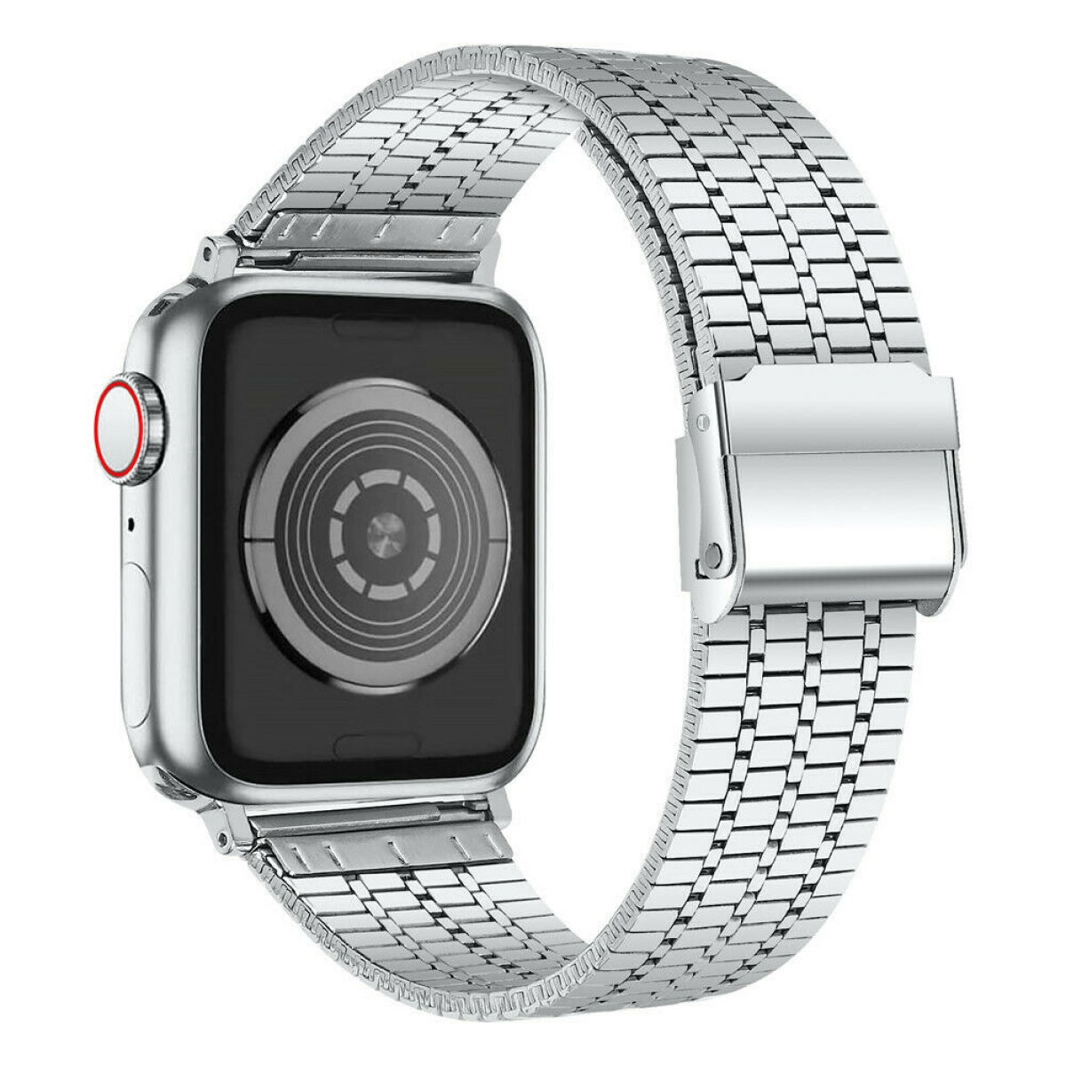 Eine silberne Apple Watch mit silbernem Metallarmband auf weißem Hintergrund.