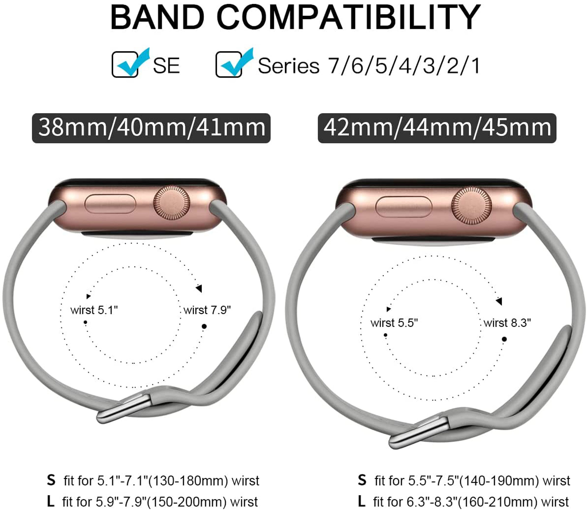 Ersatzband für Ersatzarmband, Grau Apple, Watch LOOKIT passend / S), 42-0122BSAP-GR Apple 42mm/44mm/45mm, (Länge Watch