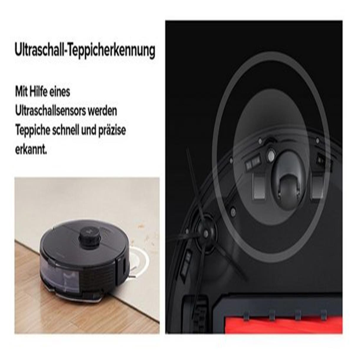 Ein Roboter-Staubsauger mit Nahaufnahme der Sensoren und Diagramm der Teppicherkennung.
