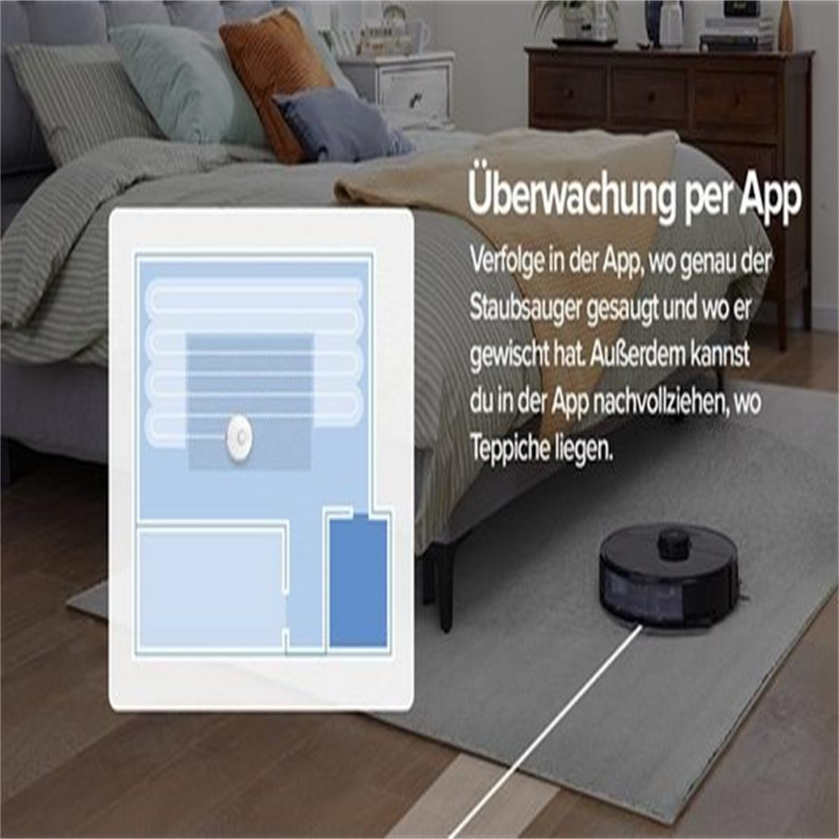 Diagramm eines Raumes mit einem Roboter-Staubsauger, der einem kartierten Pfad folgt.