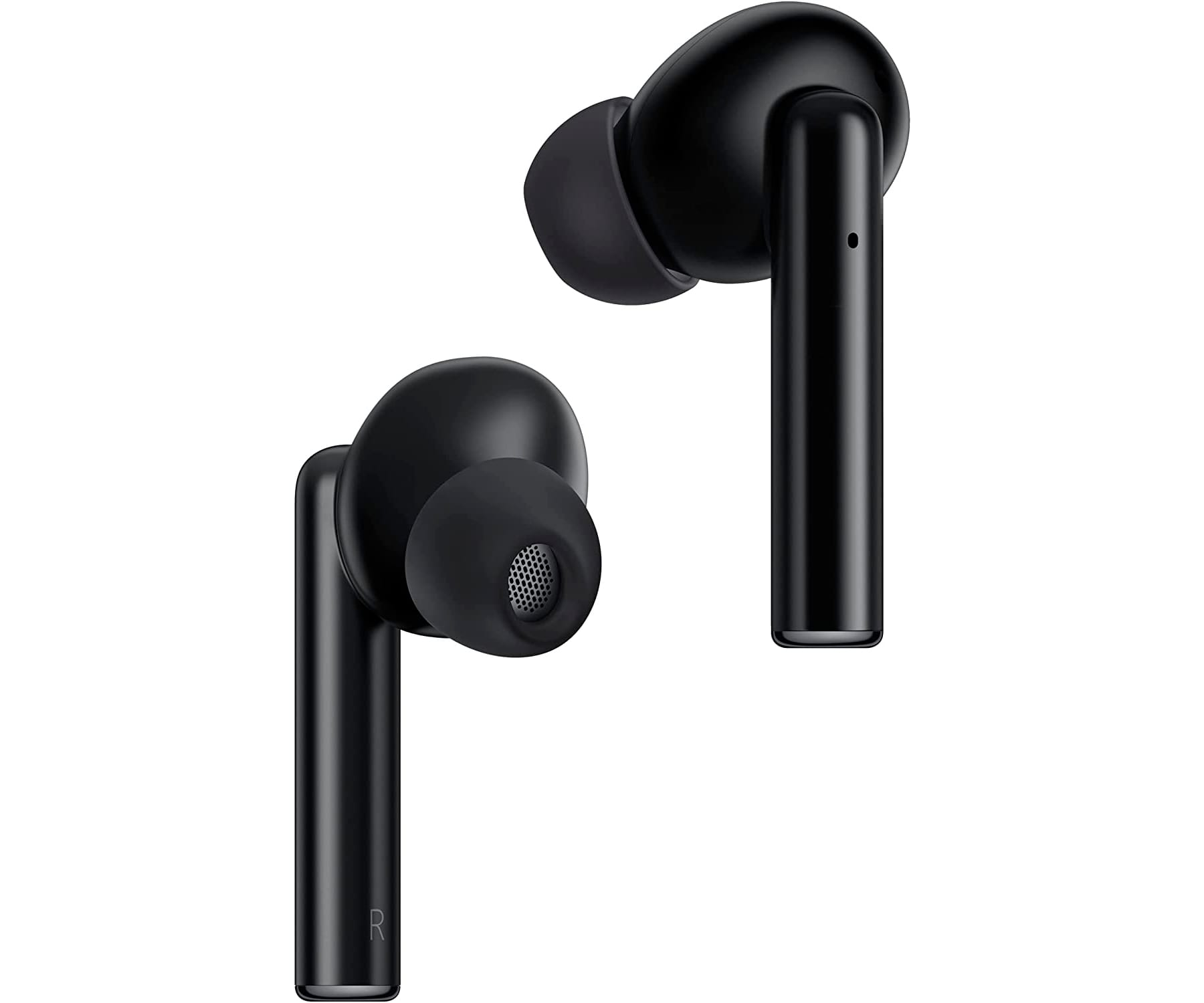 Auriculares inalámbricos negros, dos, sobre un fondo blanco.