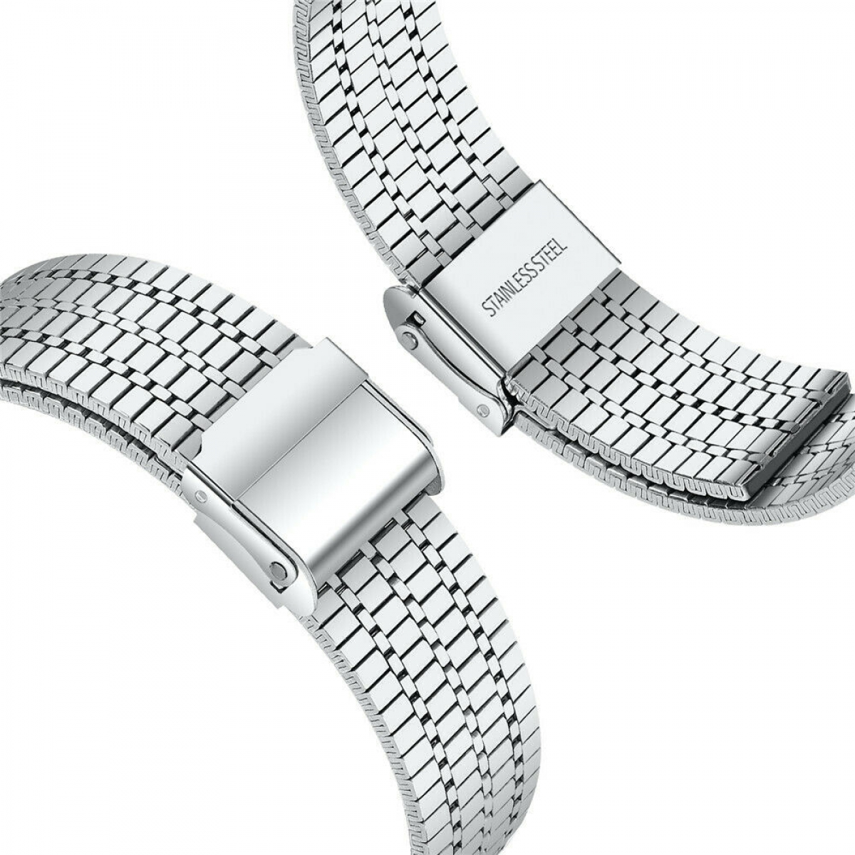 Nahaufnahme eines Uhrenarmbands aus Edelstahlgliedern mit einer Schließe mit der Aufschrift 'STAINLESS STEEL'.