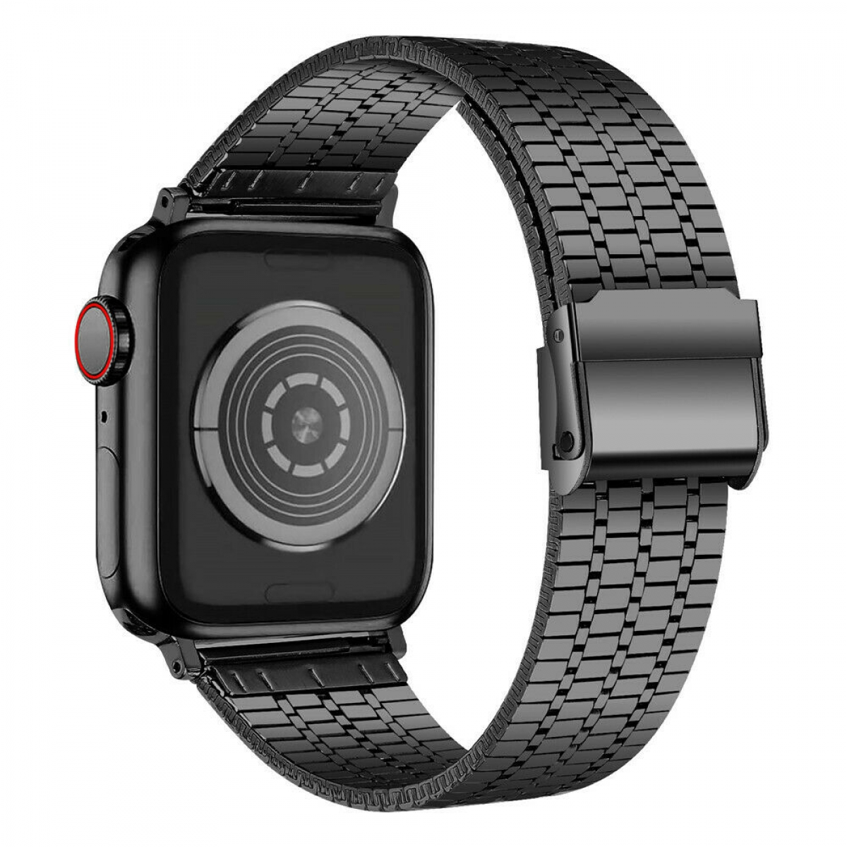 Eine schwarze Apple Watch mit schwarzem Metallarmband wird gezeigt.