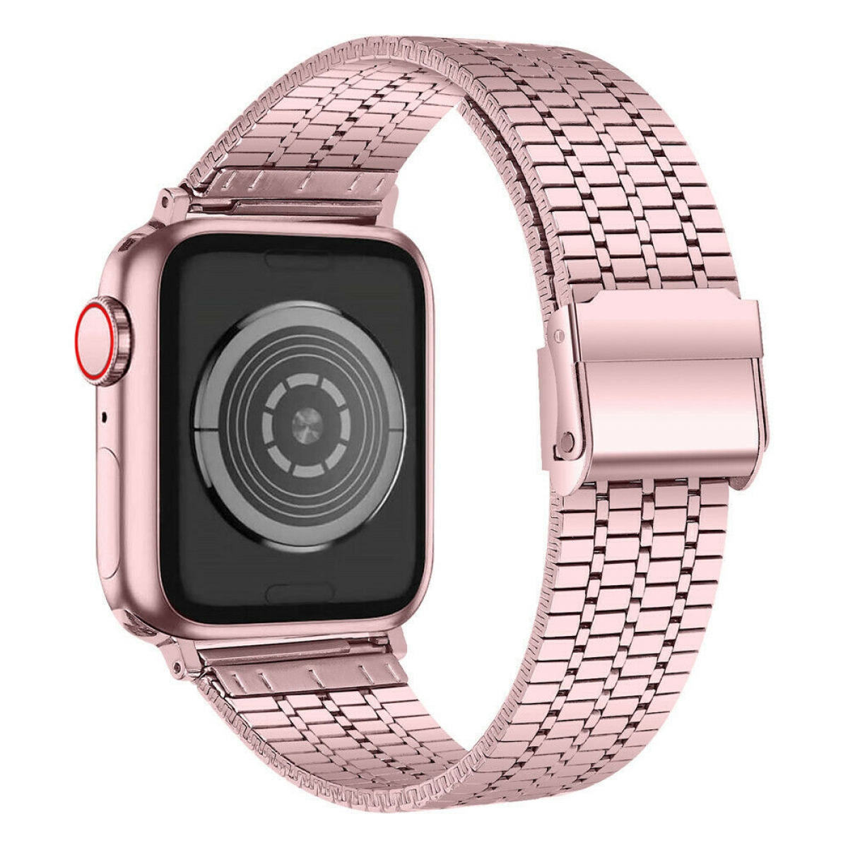 Roségoldene Smartwatch mit Armband, zeigt das Zifferblatt und Banddetails.