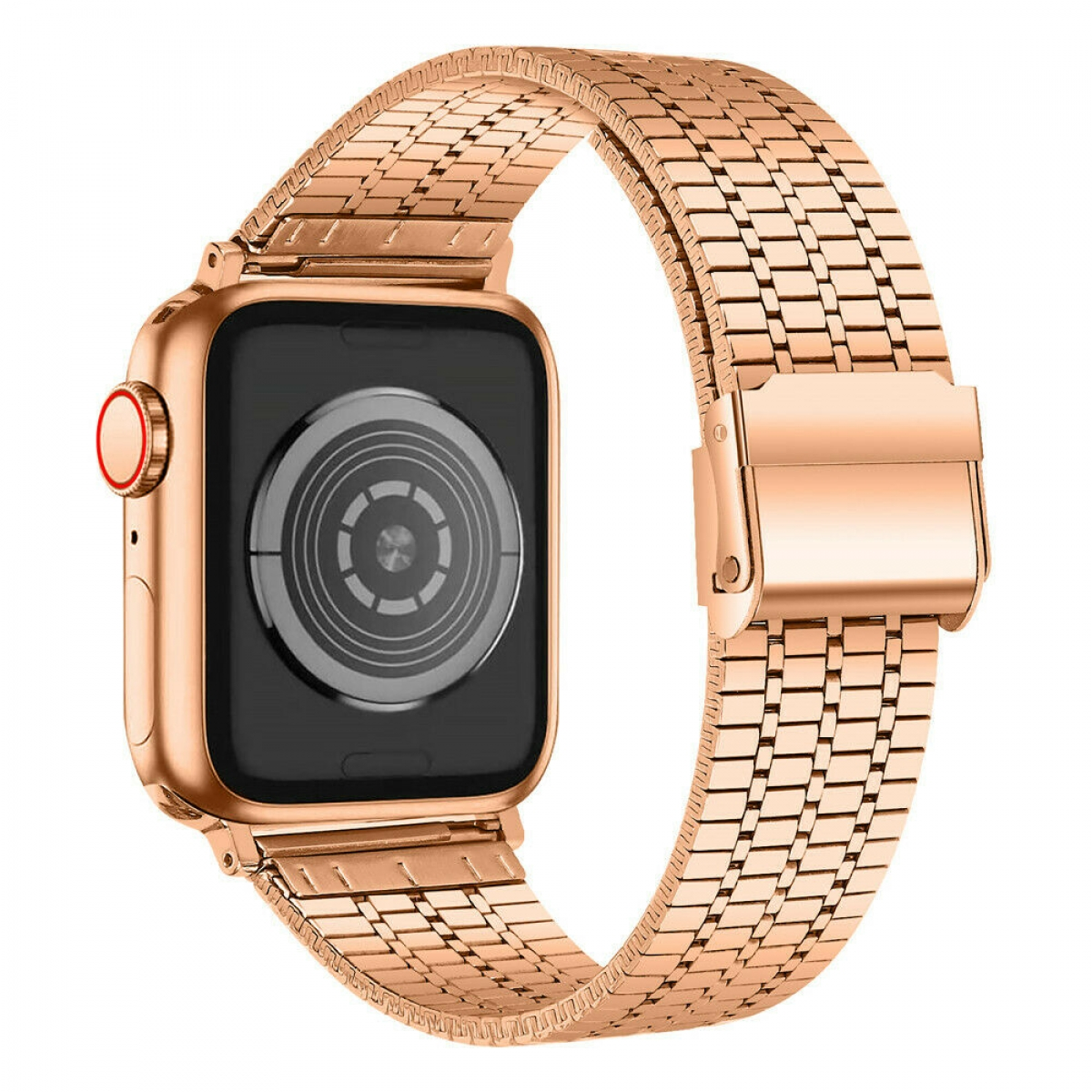 Roségoldene Apple Watch mit passendem Armband. Uhr und Armband sind kreisförmig.