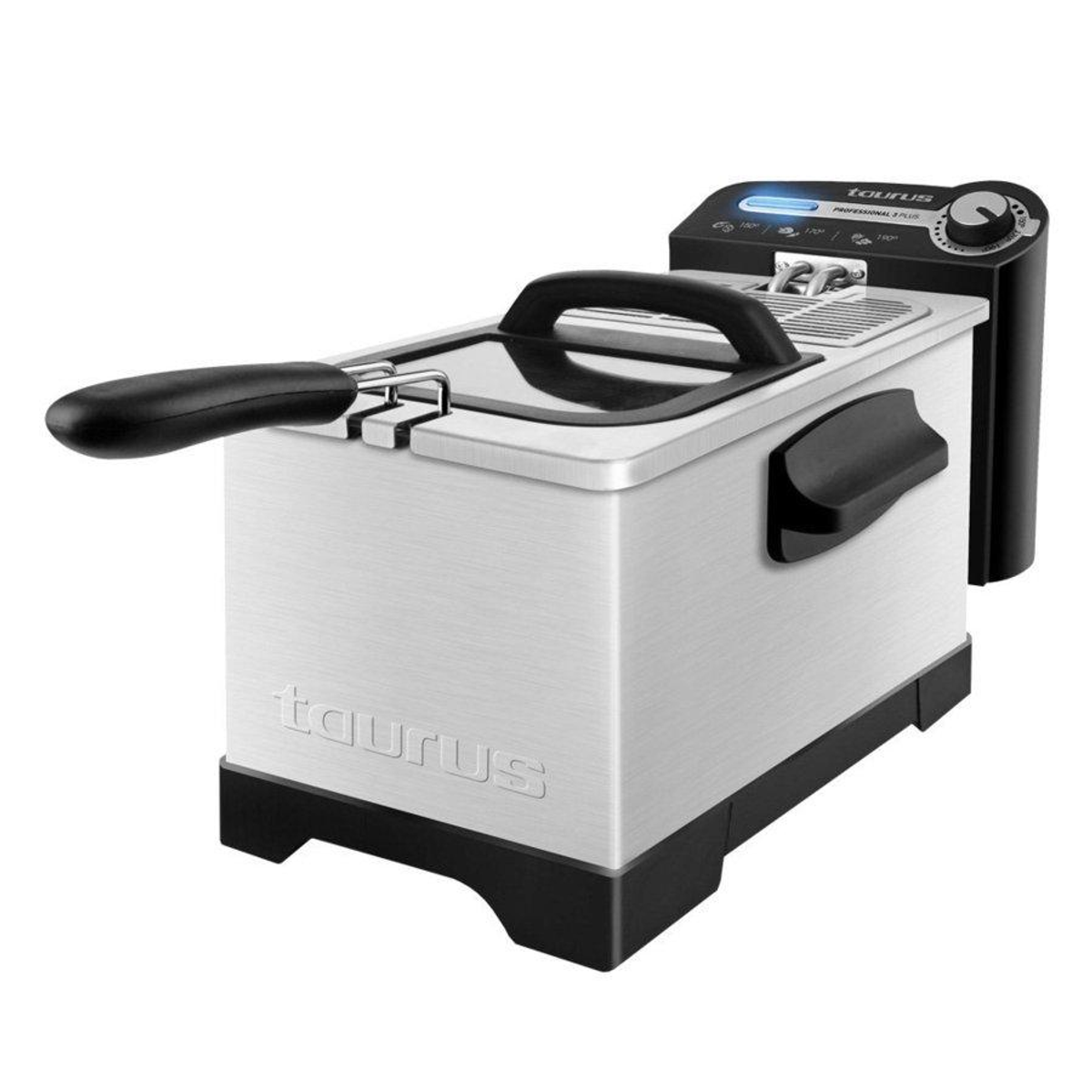 Srebrno-czarna frytownica z czarnym uchwytem i panelem sterowania. Widoczne jest logo.