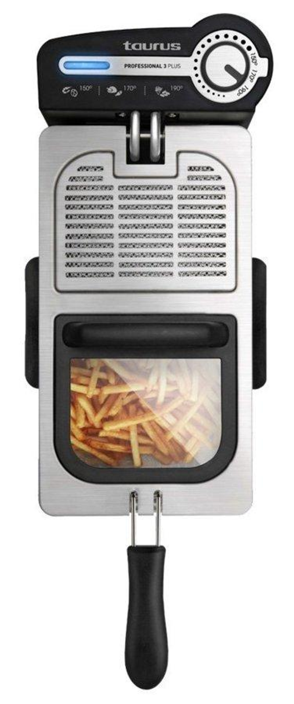 Frytownica Taurus z frytkami w środku, panelem sterowania i metalowym koszem. Czarny uchwyt.