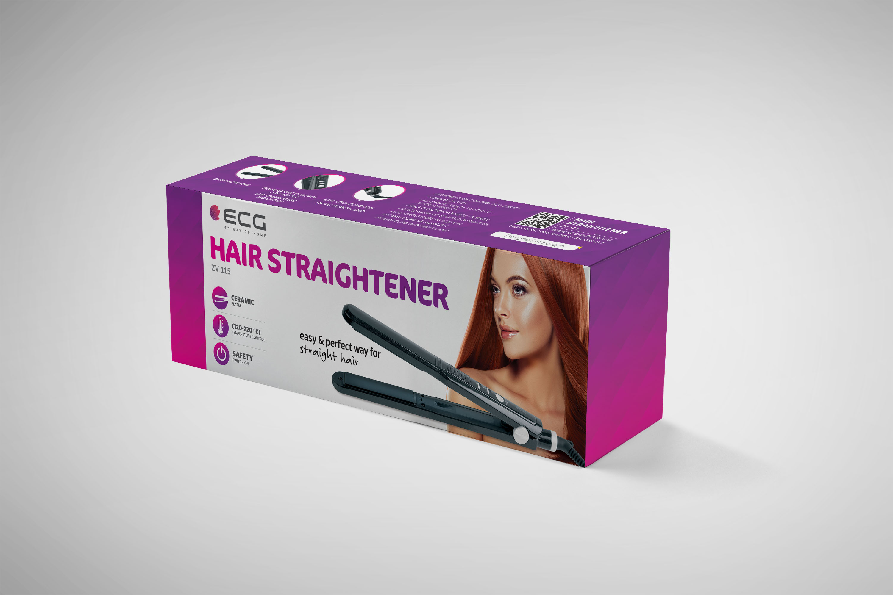 Verpackung für Haarglätter mit Produktbild und Markennamen.