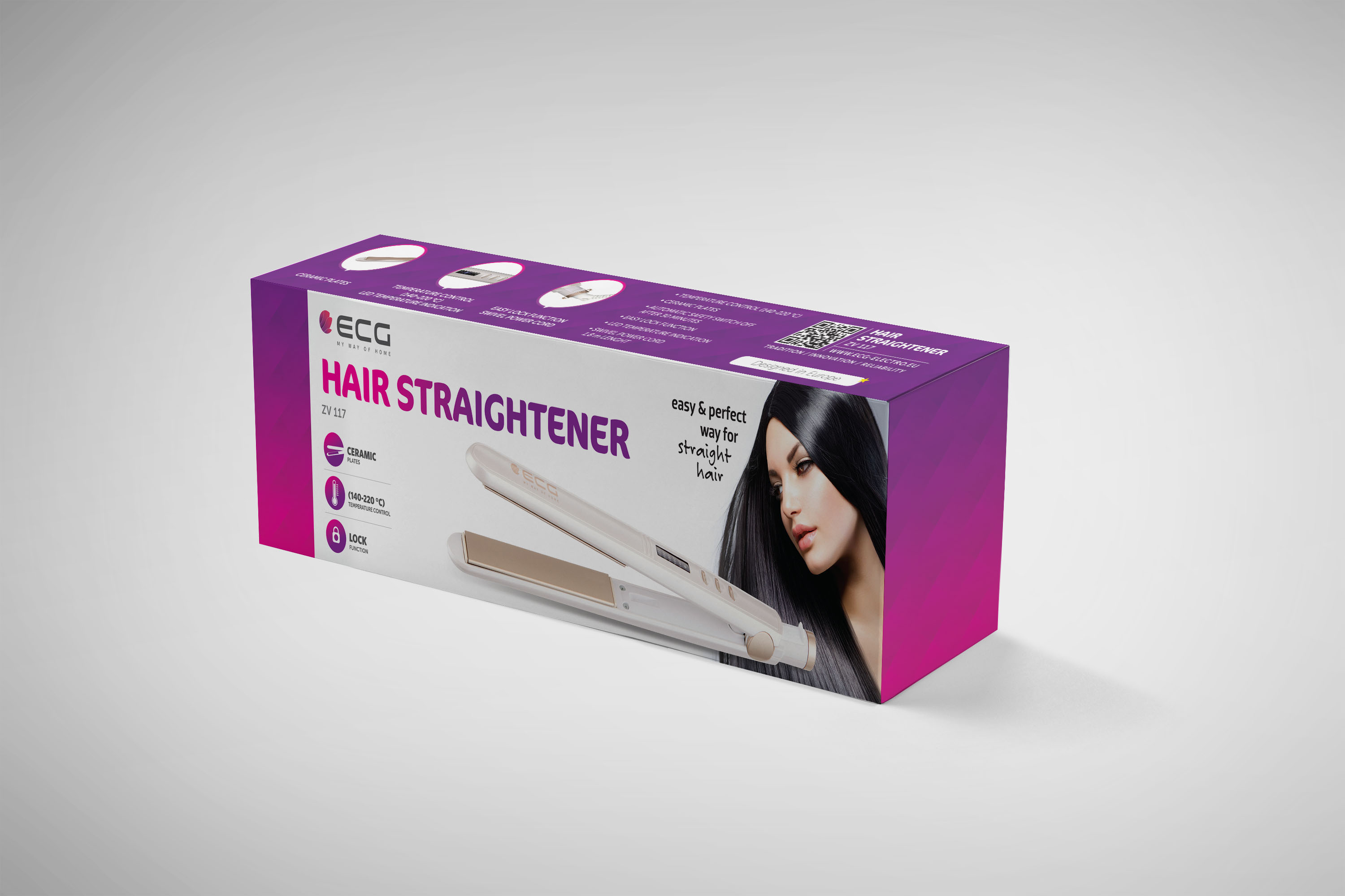 Pudełko do prostownicy. Pokazuje produkt i kobietę z prostymi włosami. Białe tło.