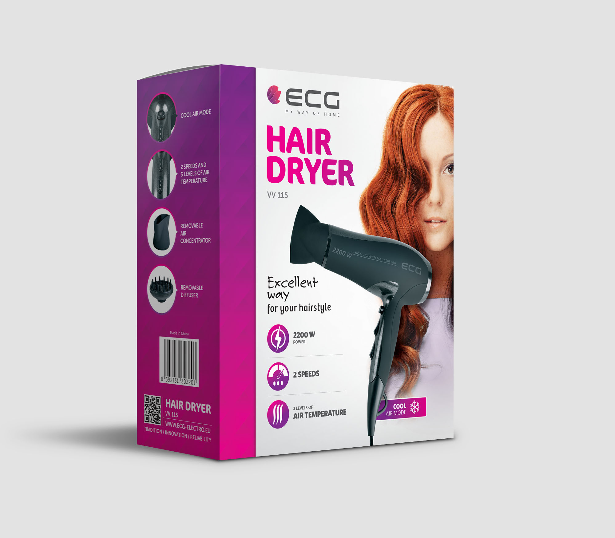Pudełko suszarki do włosów z twarzą i włosami kobiety. Tekst: 'Suszarka do włosów' i cechy produktu.