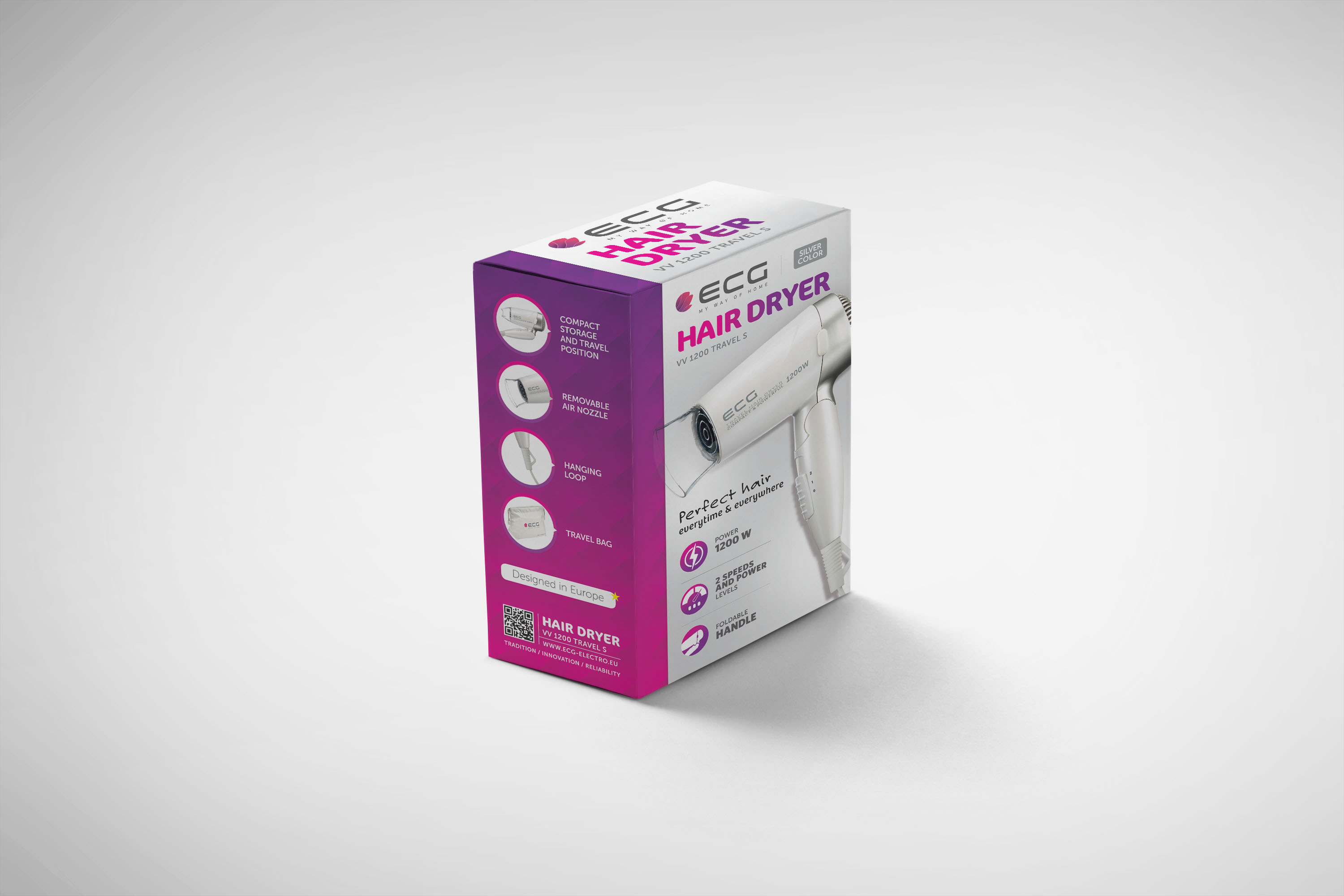 Pudełko do suszarki do włosów. Biały obraz suszarki, tekst i grafika na fioletowym i białym pudełku.